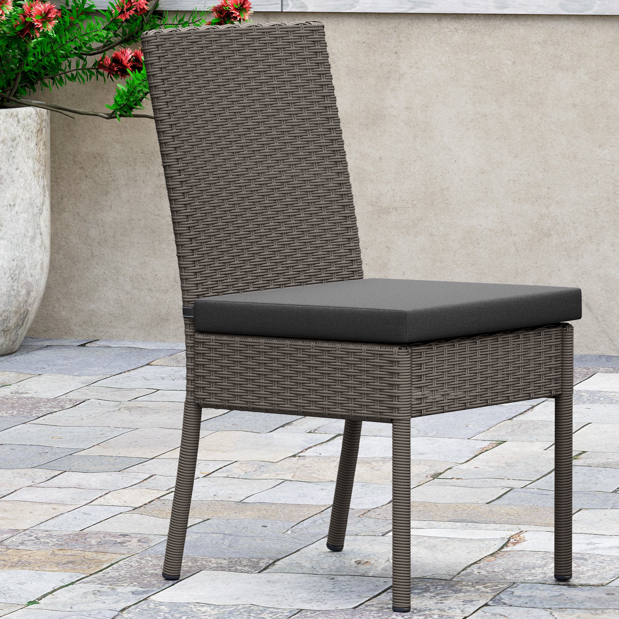 Set of Four Armless Rattan Garden Chairs - Dark Grey