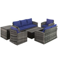 6 Piece Rattan Garden Furniture Set with Storage Tables and Cushions - Navy Blue