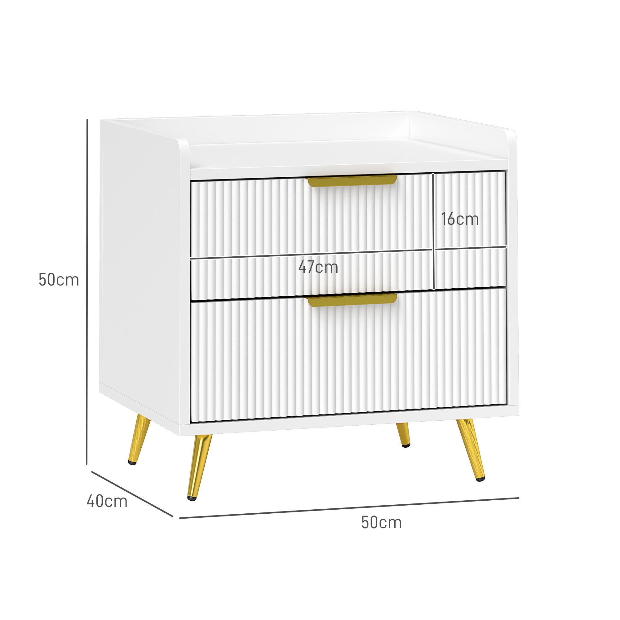 Elegant Two-Drawer Bedside Table with Gold Handles - White