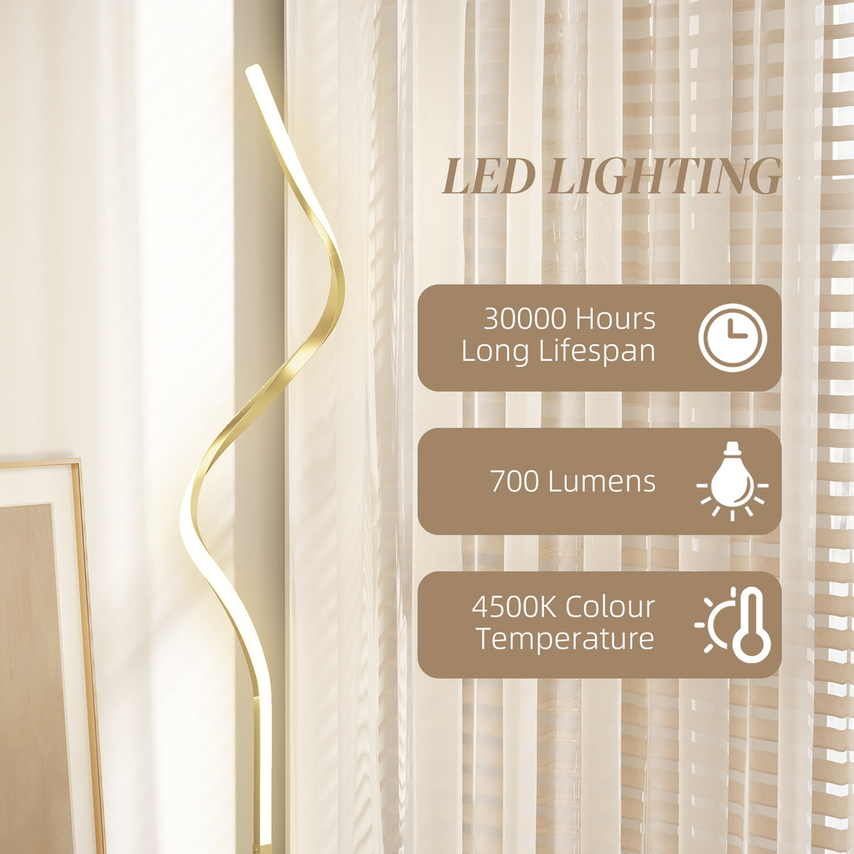 Modern LED Floor Lamp with 3 Brightness Levels and Foot Switch - Gold Tone