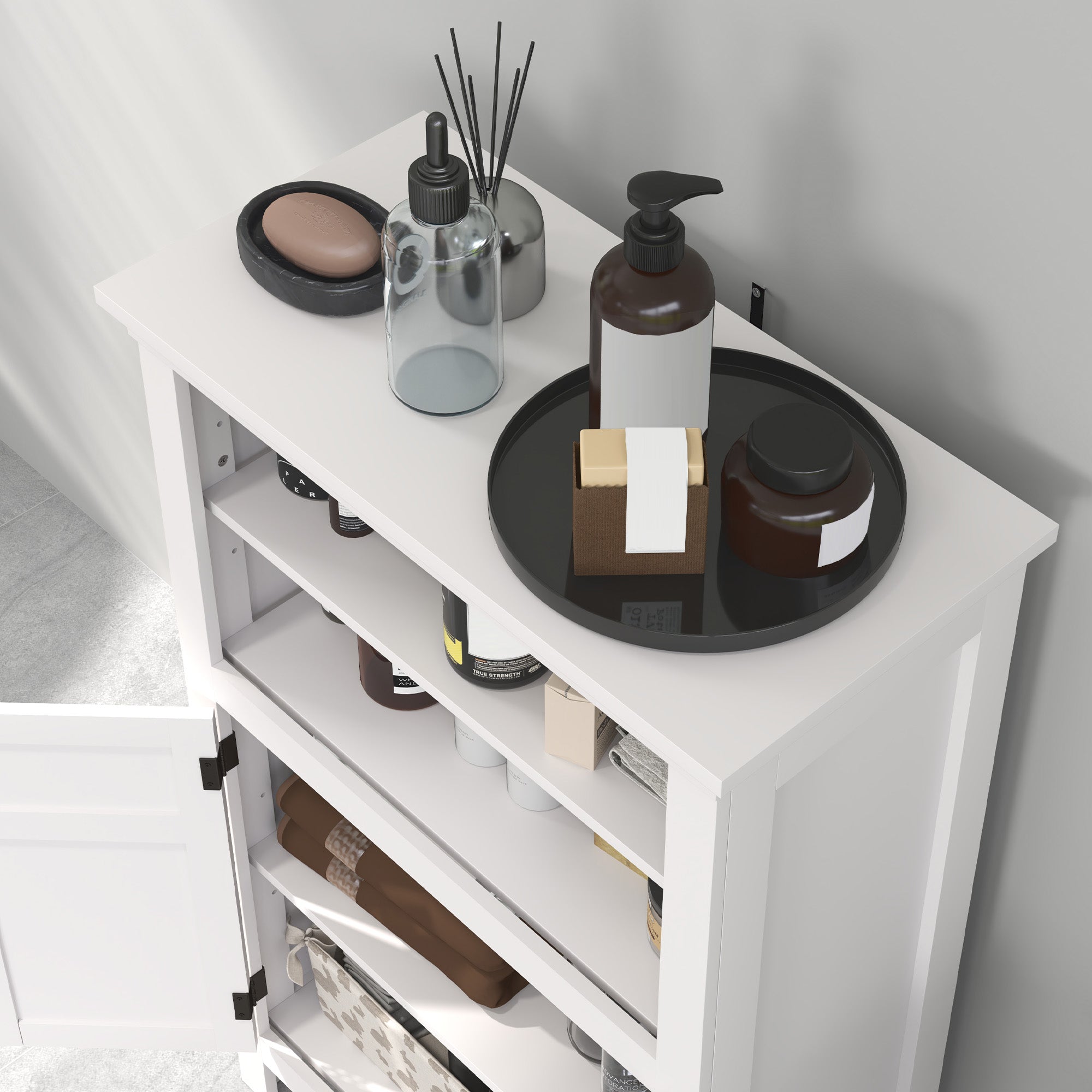 Modern Multi-Storage Bathroom Cabinet with Shelves and Cupboard - White