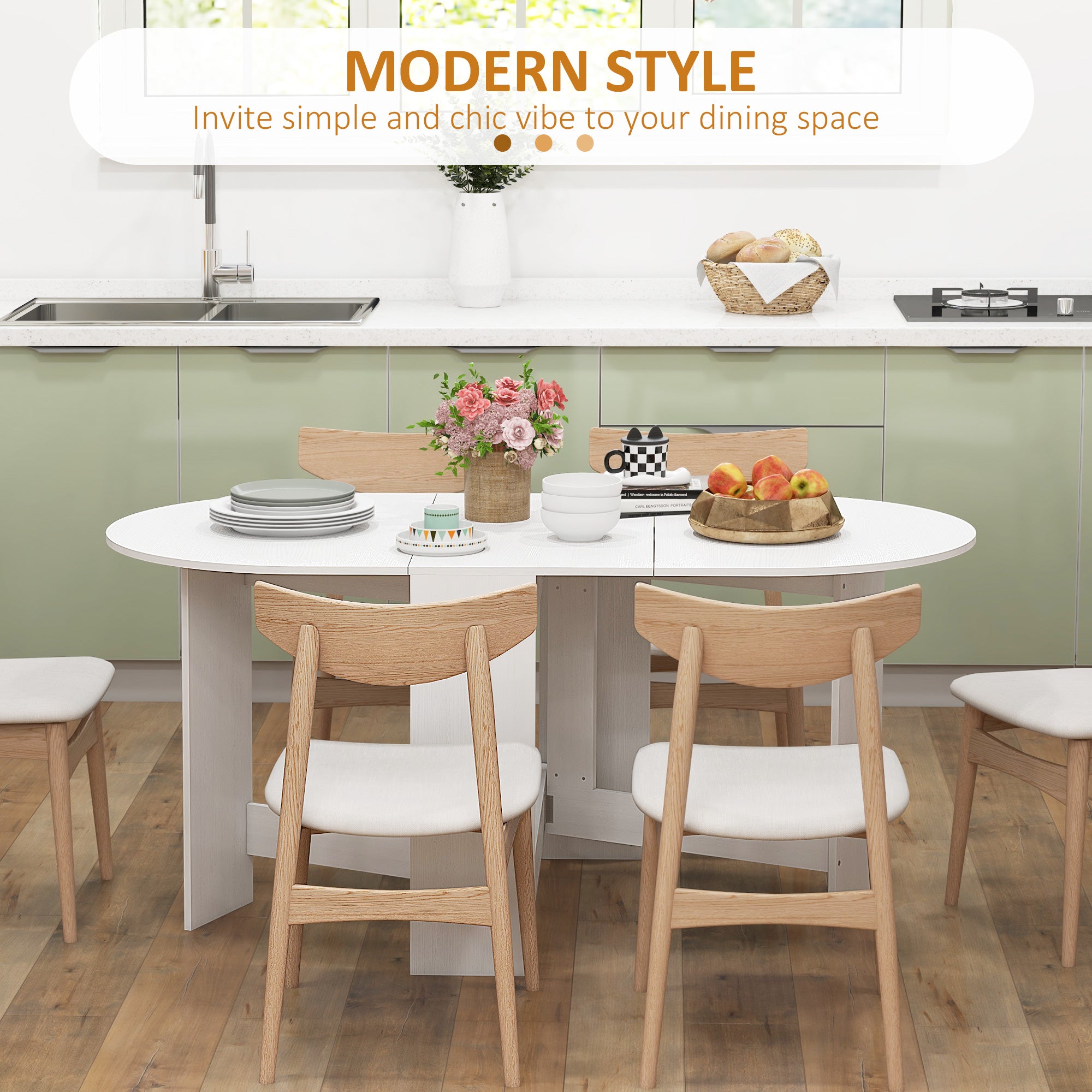 Folding Drop Leaf Oval Dining Table for Small Spaces - Ash Wood-Effect