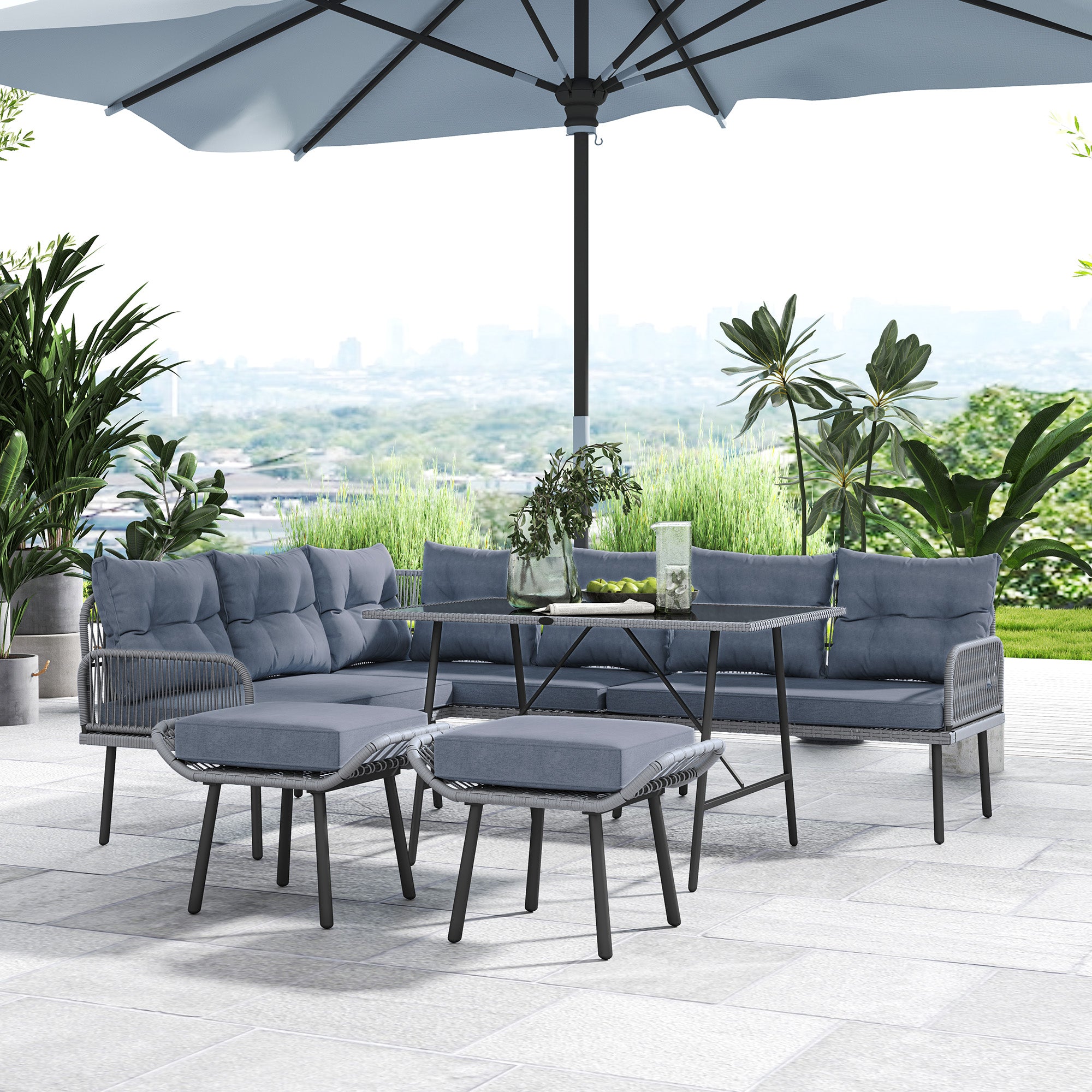 6 Piece Rattan Garden Furniture Set, 8 Seater Garden Corner Sofa with Cushions and Glass Top Table, Sectional Outdoor Furniture Conservatory Set for Patio, Charcoal Grey