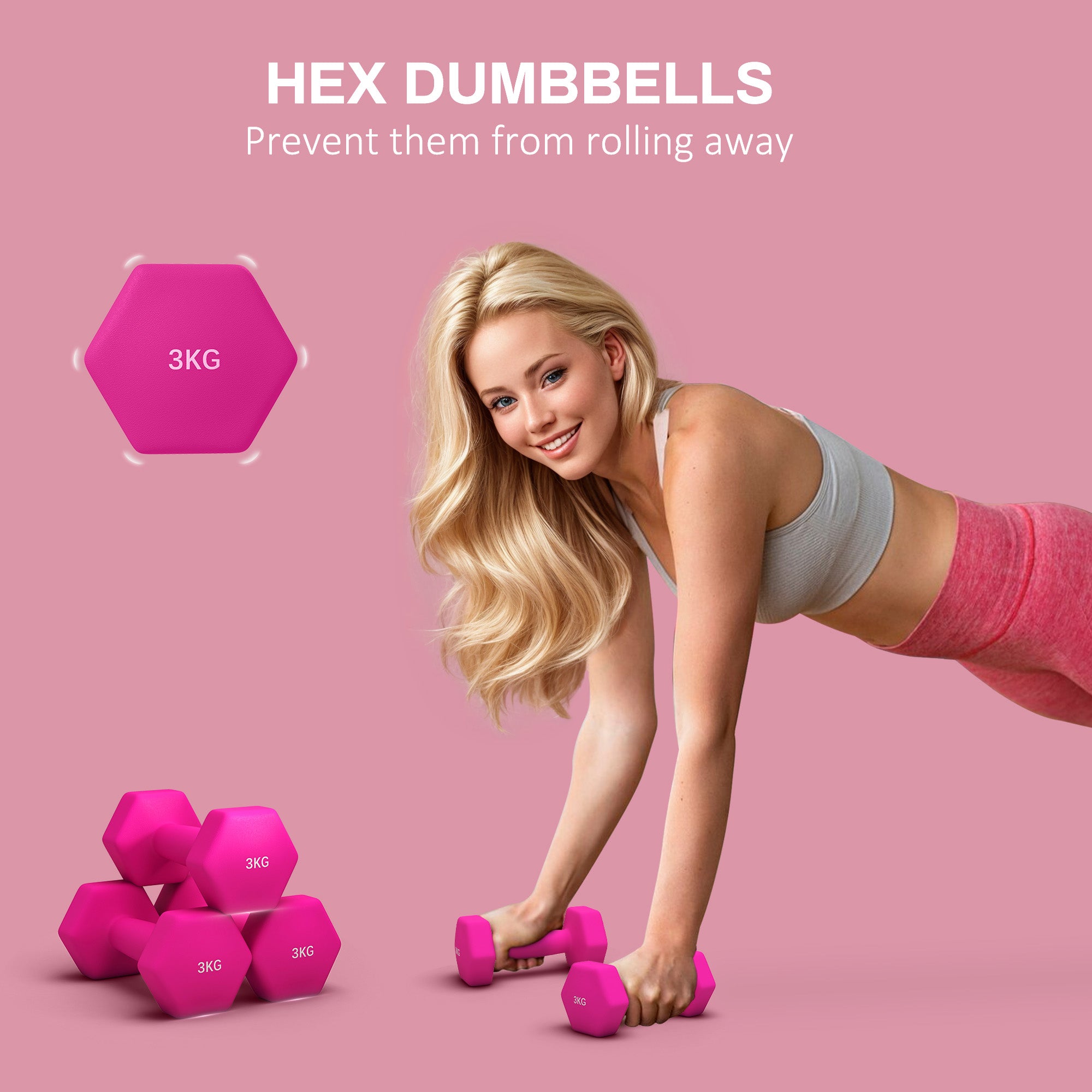 2 x 3kg Hexagonal Dumbbells Weights Set with Non-Slip Grip for Home Gym Workout, Pink