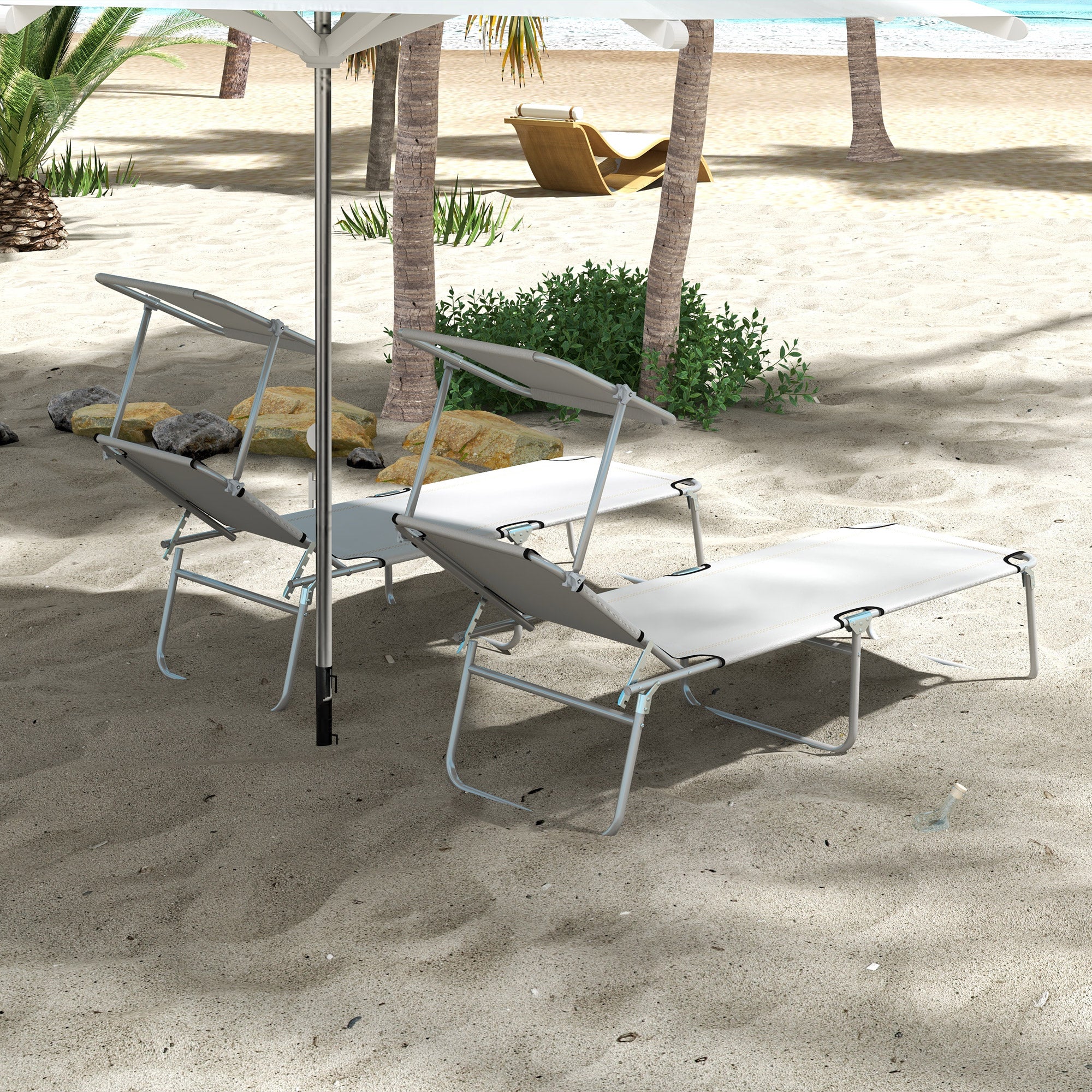 Outdoor Foldable Sun Lounger Set of 2, 4 Level Adjustable Backrest Reclining Sun Lounger Chair with Angle Adjust Sun Shade Awning for Beach, Garden, Patio, Light Grey