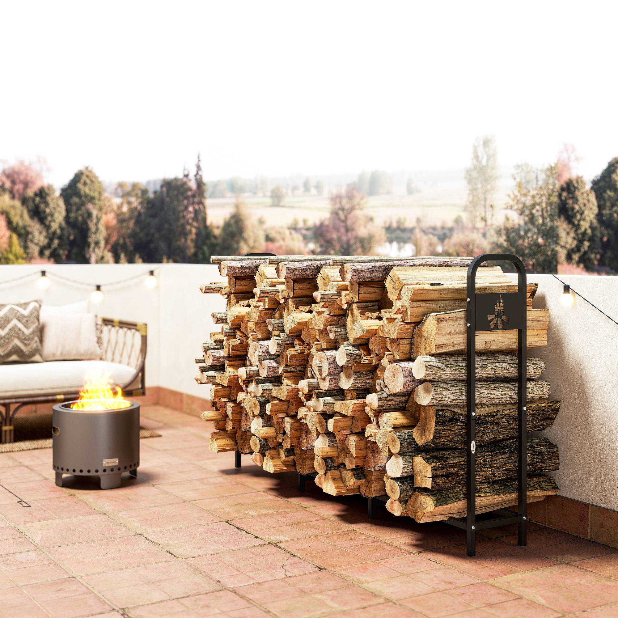 6.5 FT Steel Firewood Log Rack with 300 kg Capacity, Heavy Duty Indoor Outdoor Fireplace Wood Storage Shelf, Log Holder/Stand with Extra Support Legs, Decorative Bonfire Pattern, Black