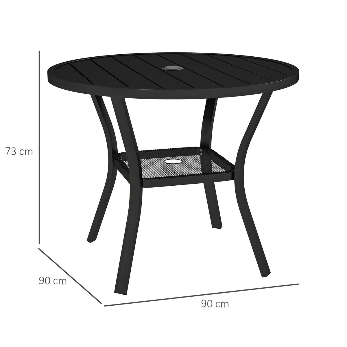 90cm Round Steel Garden Dining Table with Parasol Hole and Wire Shelf - Black