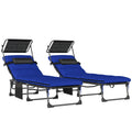 Folding Sun Loungers Set of 2 with Canopy, Reclining Sunbed with Cushion, Side Pocket, Carrying Handle, Dark Blue