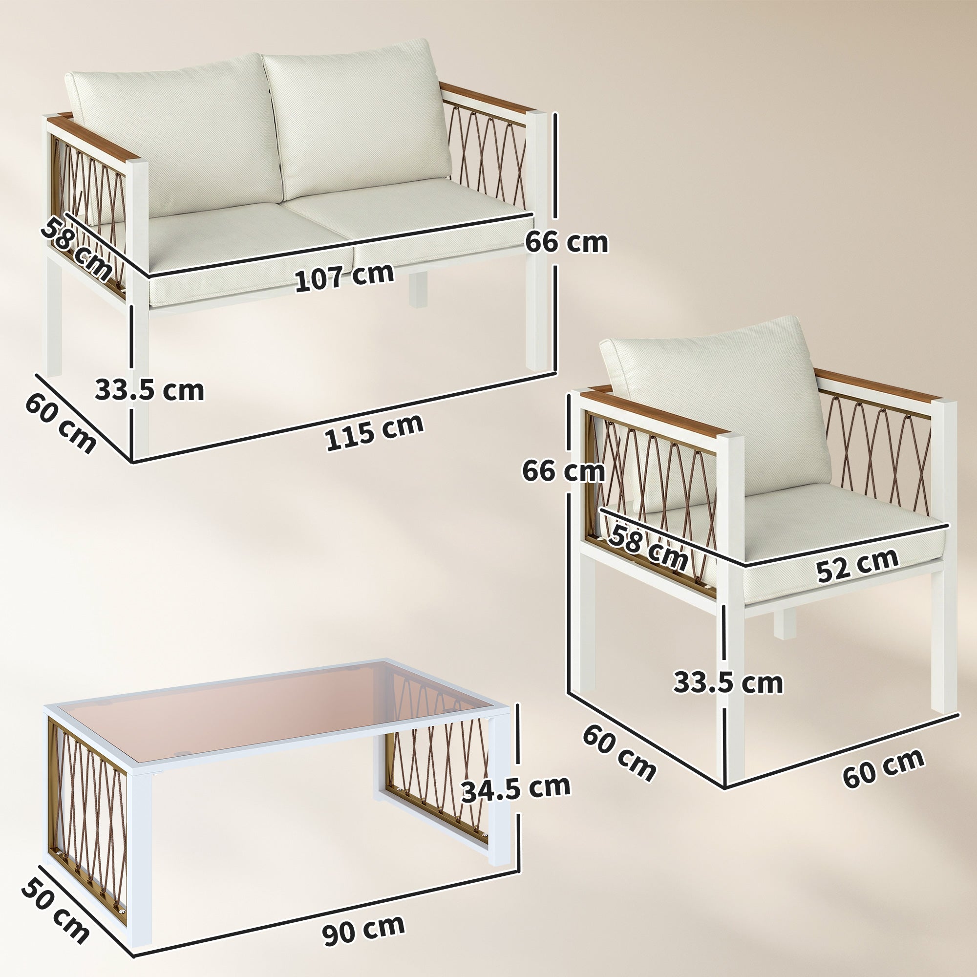 4 Piece Rattan Garden Furniture Set with Loveseat, 2 Armchairs, Table, Metal Frame Patio Conversation Set, Cream White