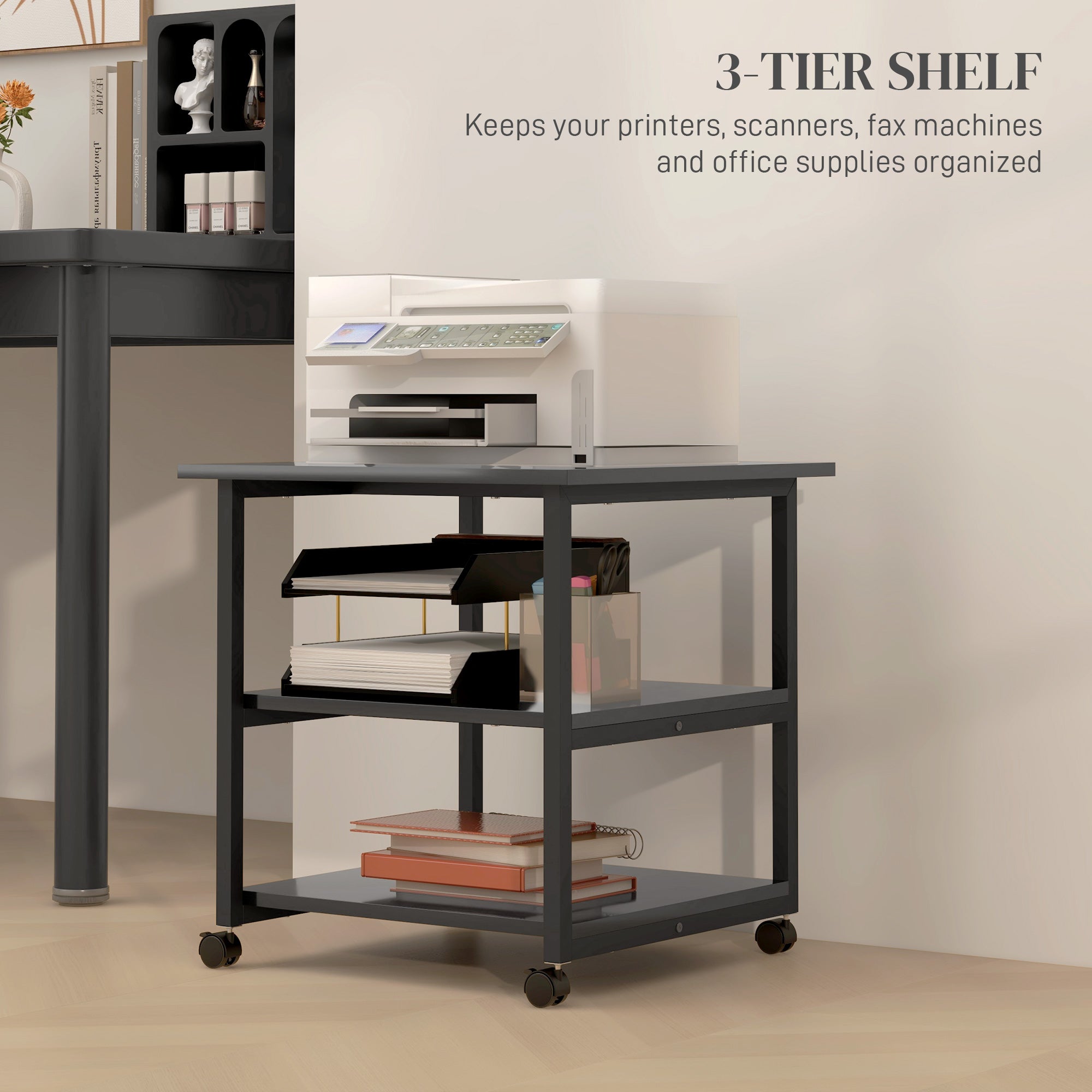 Three-Tier Steel Printer Stand, with Wheels - Black