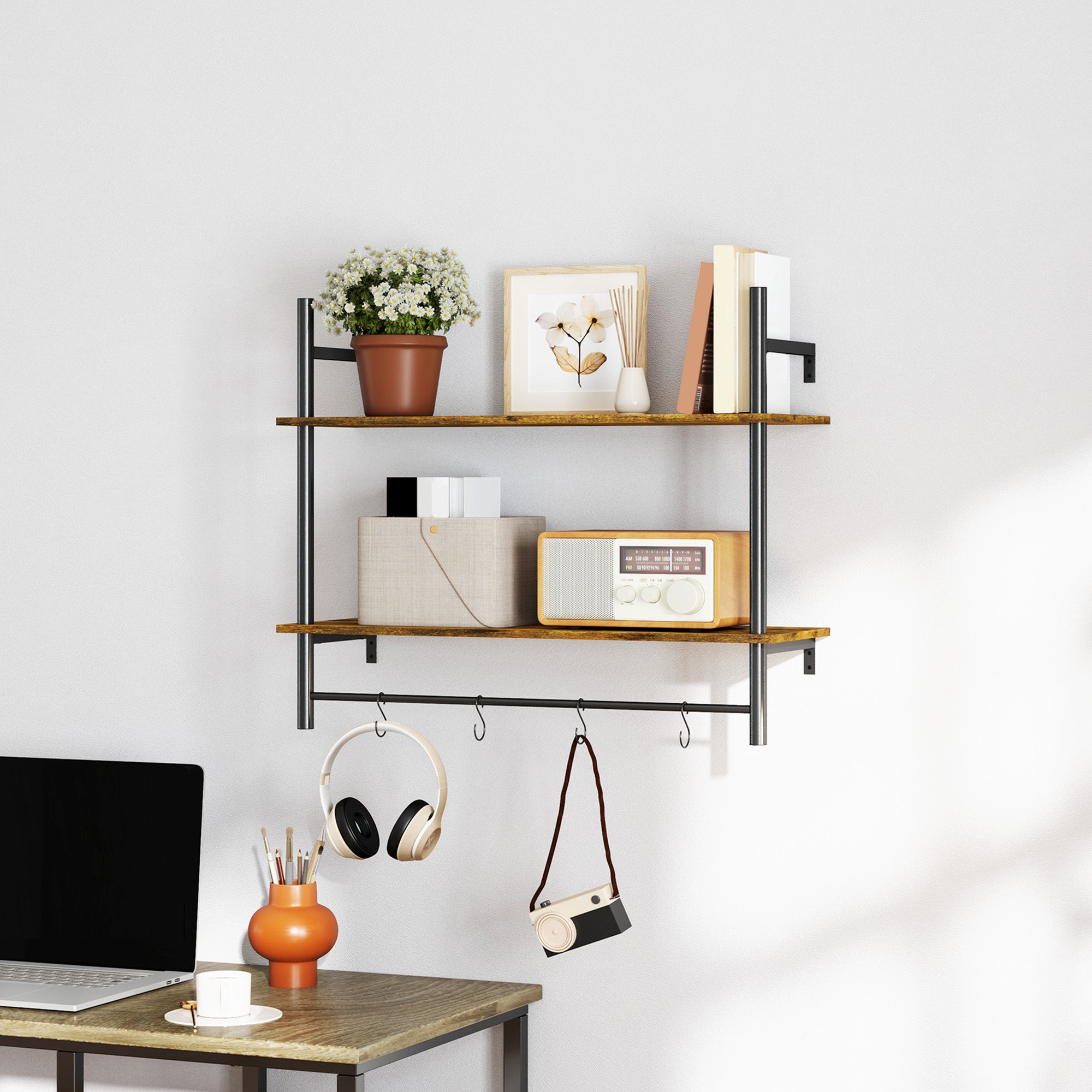 Wall Mounted Floating Shelf Unit with 4 Hooks, Rustic Brown