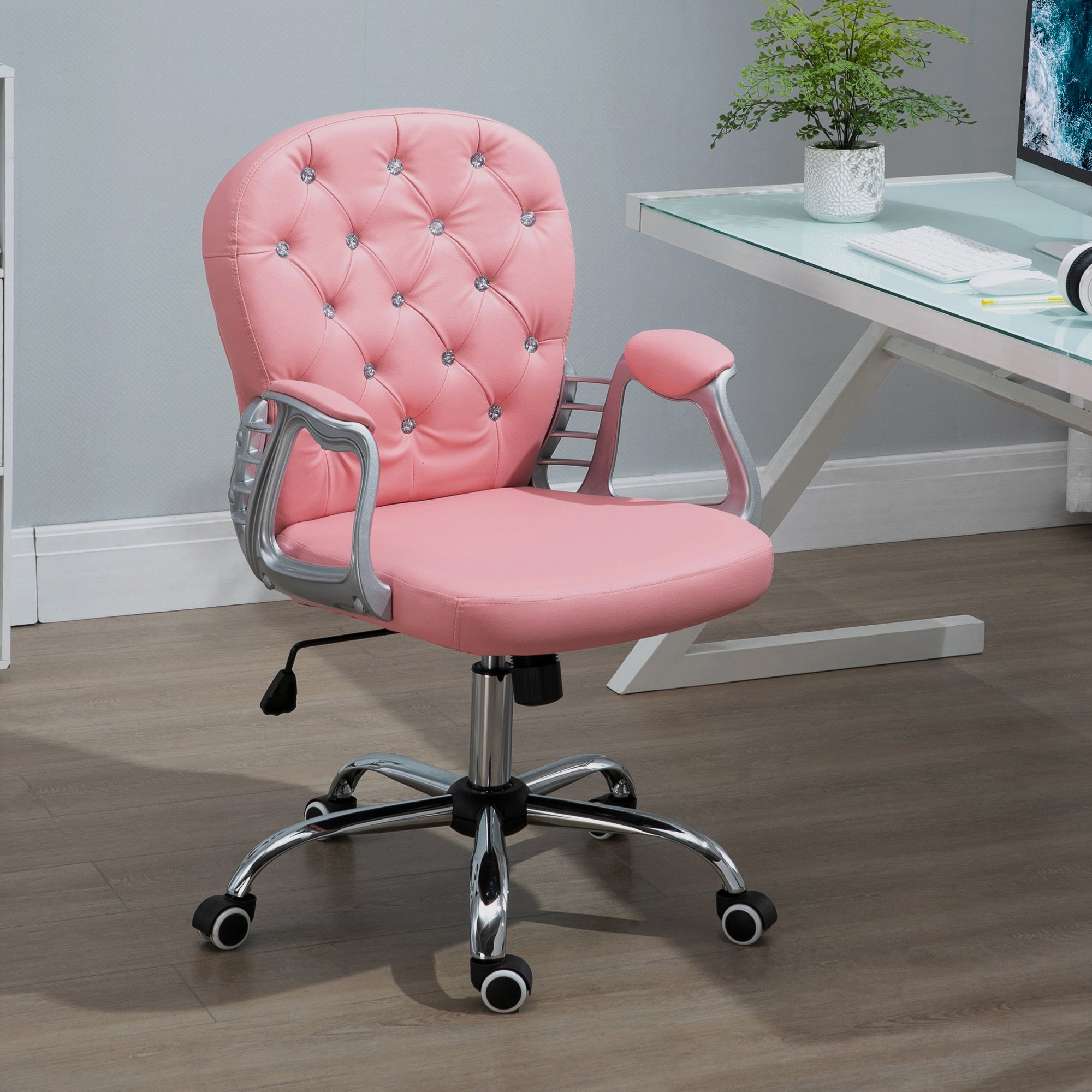 Office Chair Ergonomic 360° Swivel PU Diamante Padded Base 5 Castor Wheels for Home Work Pink