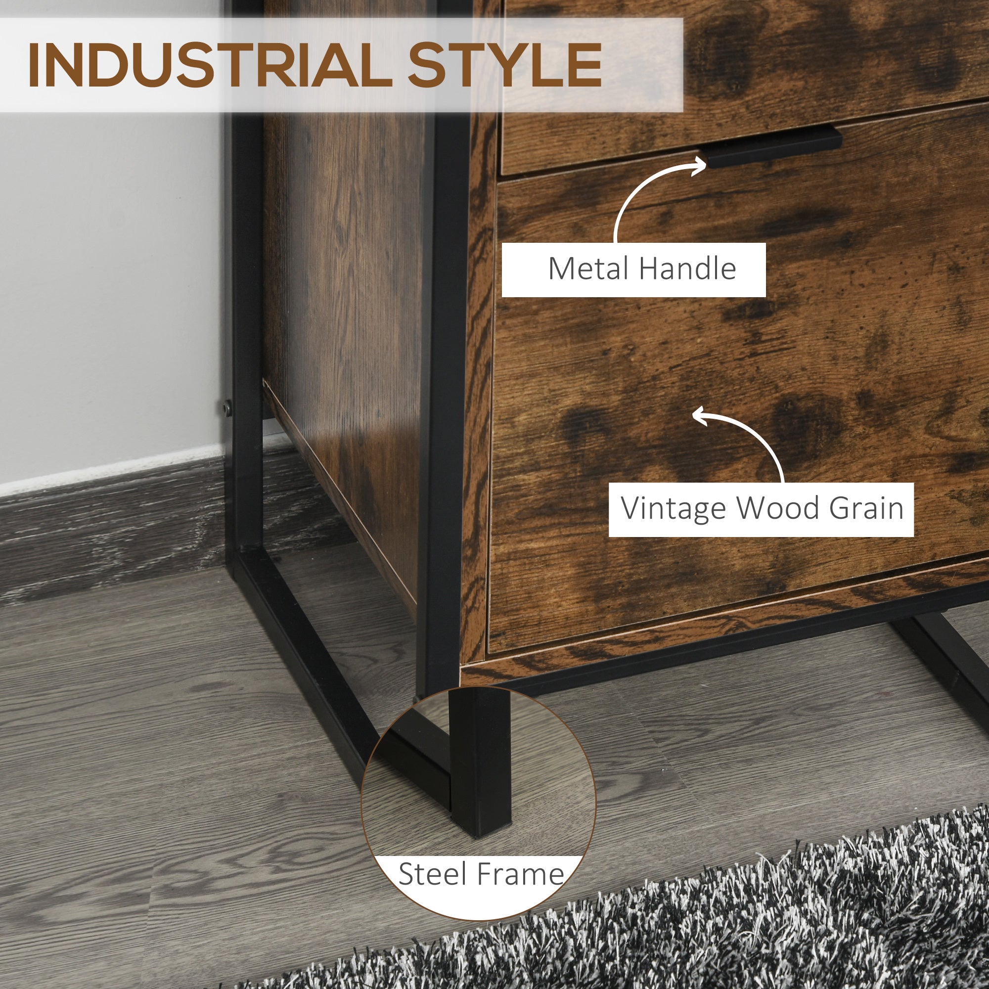 Bedroom Chest of Drawers Set of 2, Industrial 3-Drawer Dresser, Storage Drawers Unit with Metal Frame for Living Room, Rustic Brown