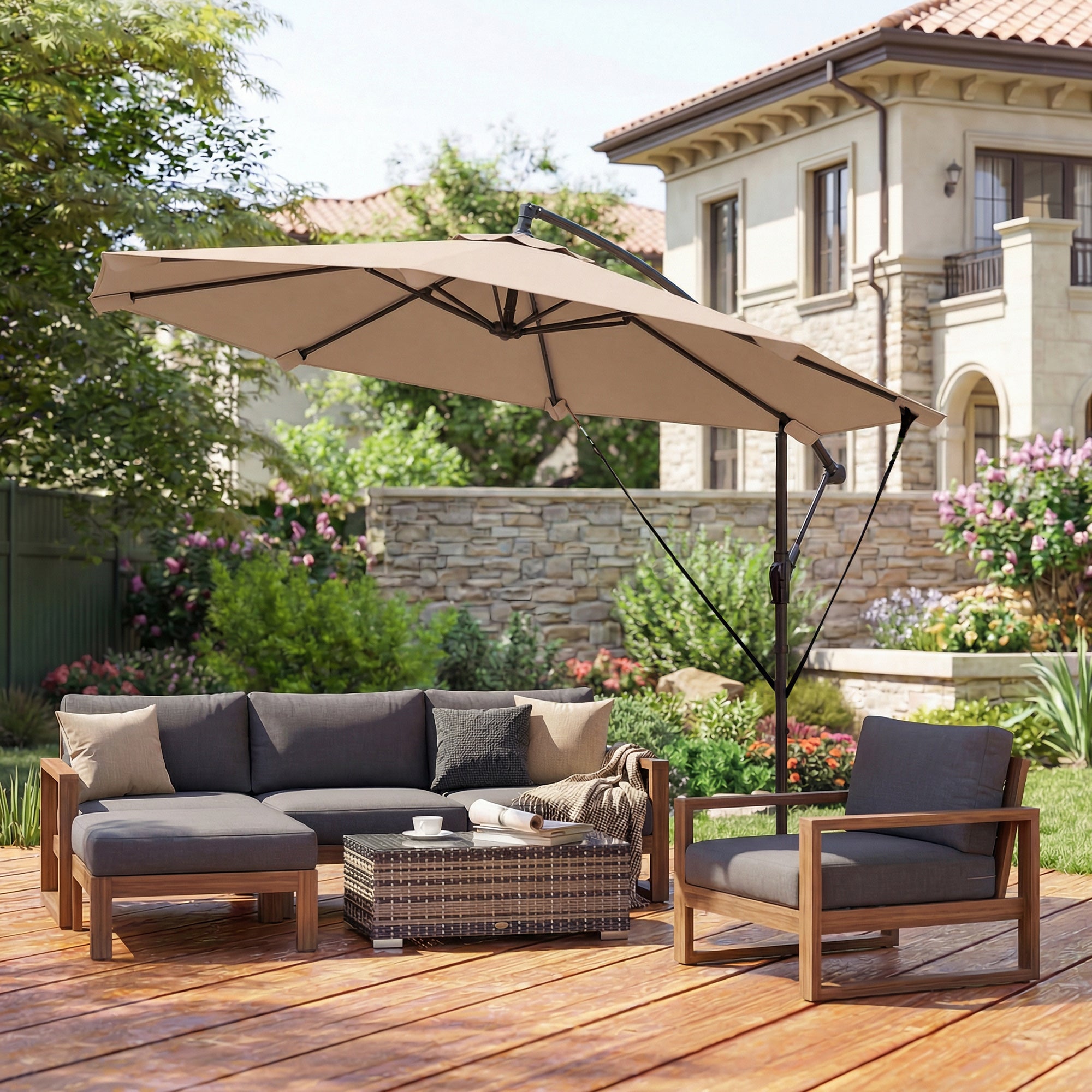 3 m Cantilever Parasol with Protective Cover and Wind Ropes, Banana Parasol with Crank Handle, Khaki