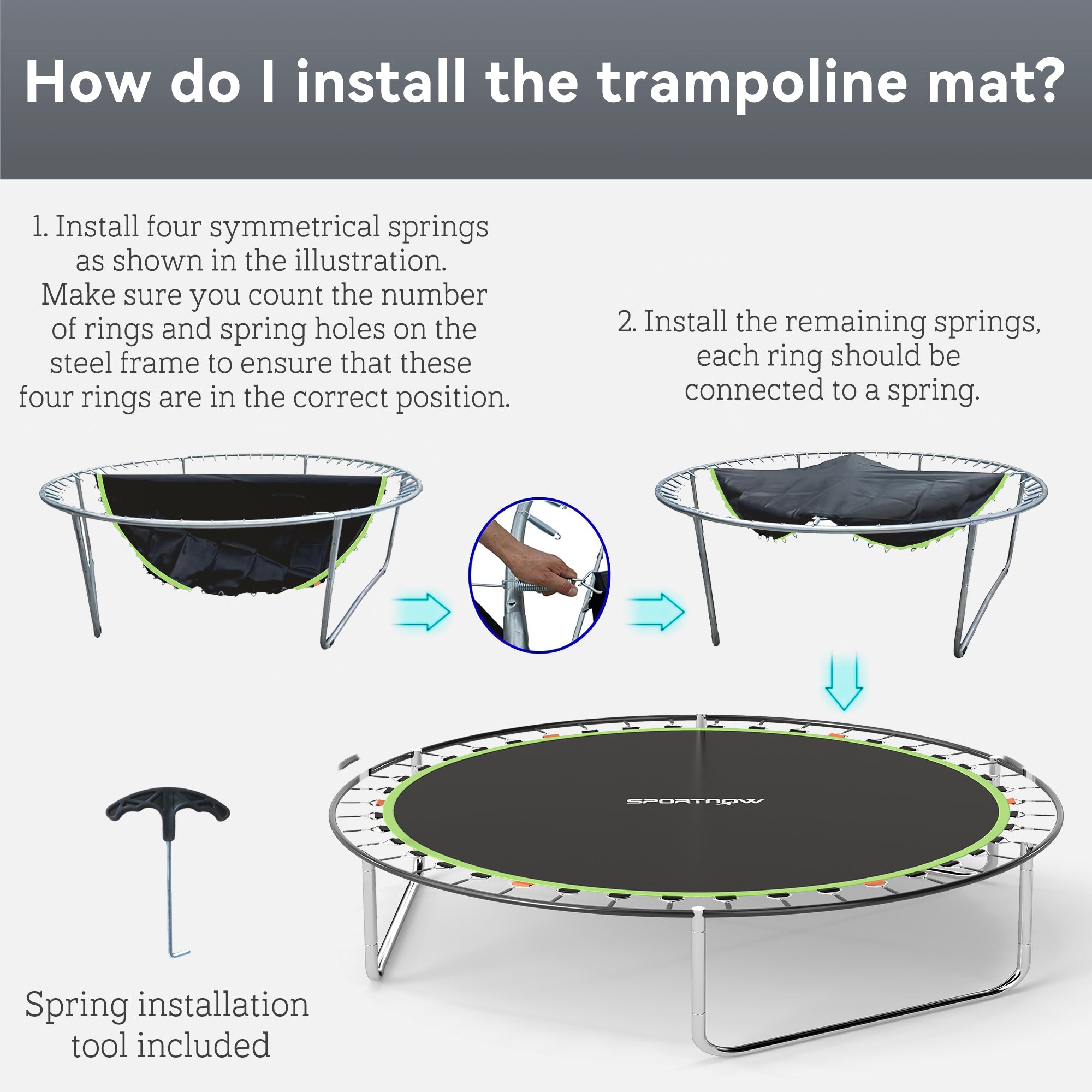 Trampoline Replacement Mat with Spring Pull Tool, 54 V-Hooks, for 10ft Trampoline using 14cm Springs, Green