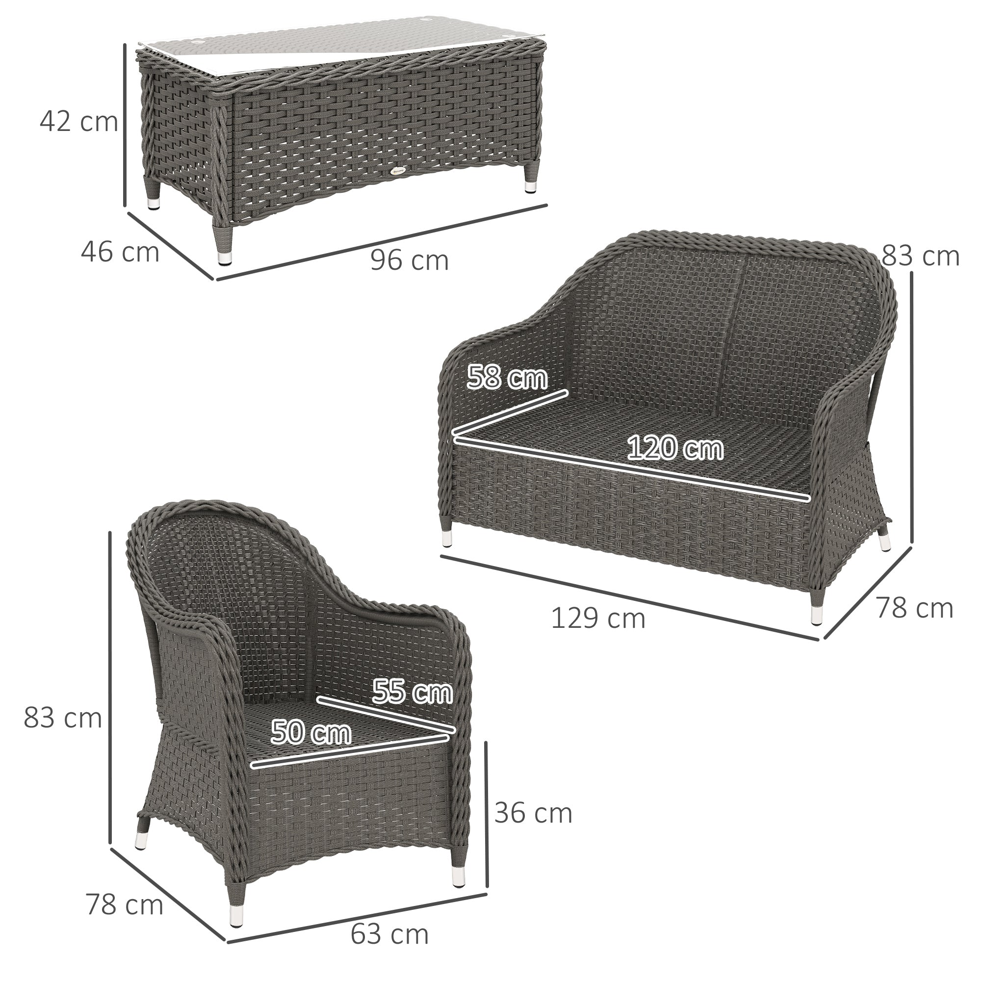 4 Piece Rattan Sofa Set with Aluminium Frame and Glass Table Light Grey