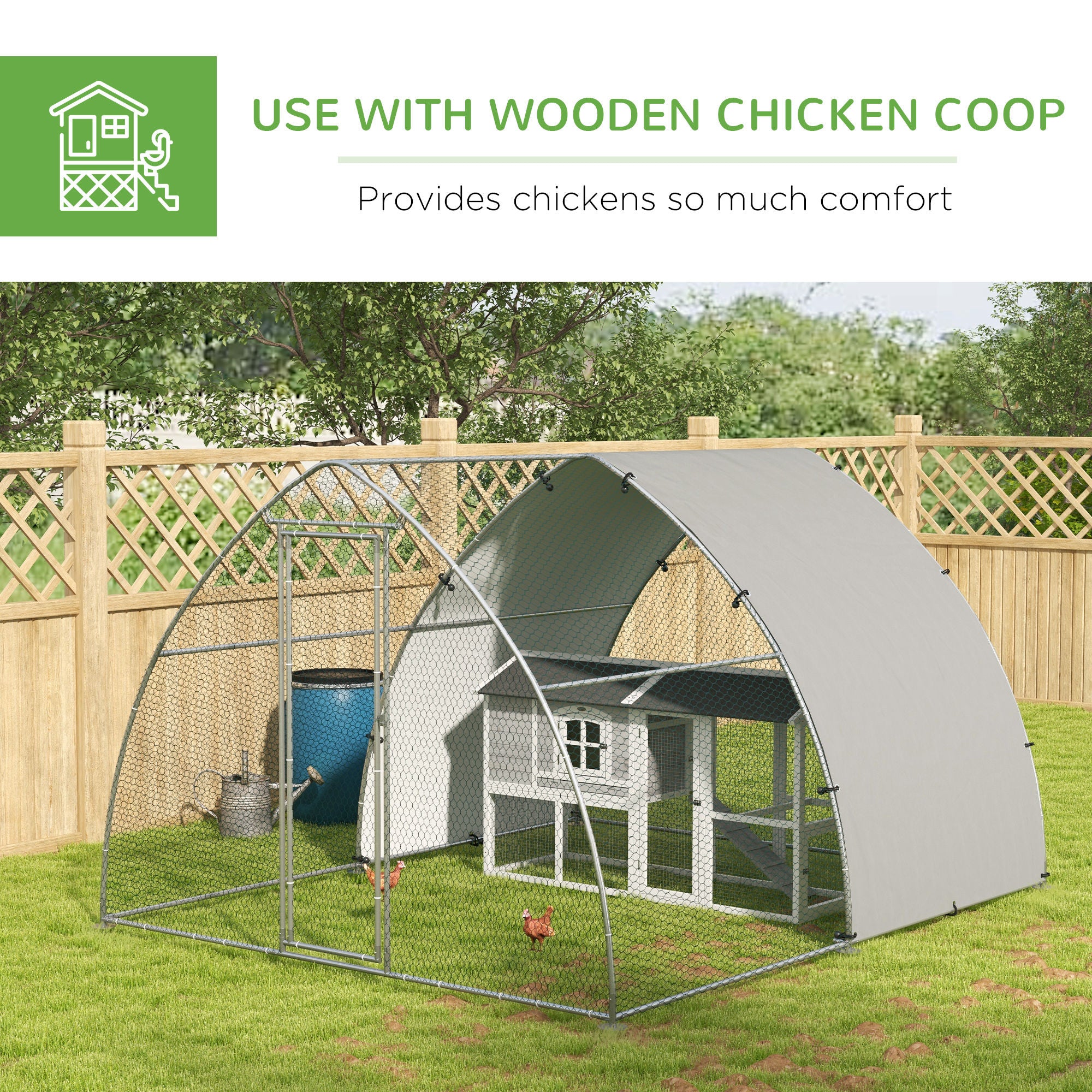 Galvanised Outdoor Chicken Coop, with Cover, for 8-12 Chickens, Hens, Ducks, Rabbits, 3 x 3.8 x 2.2m - Silver Tone