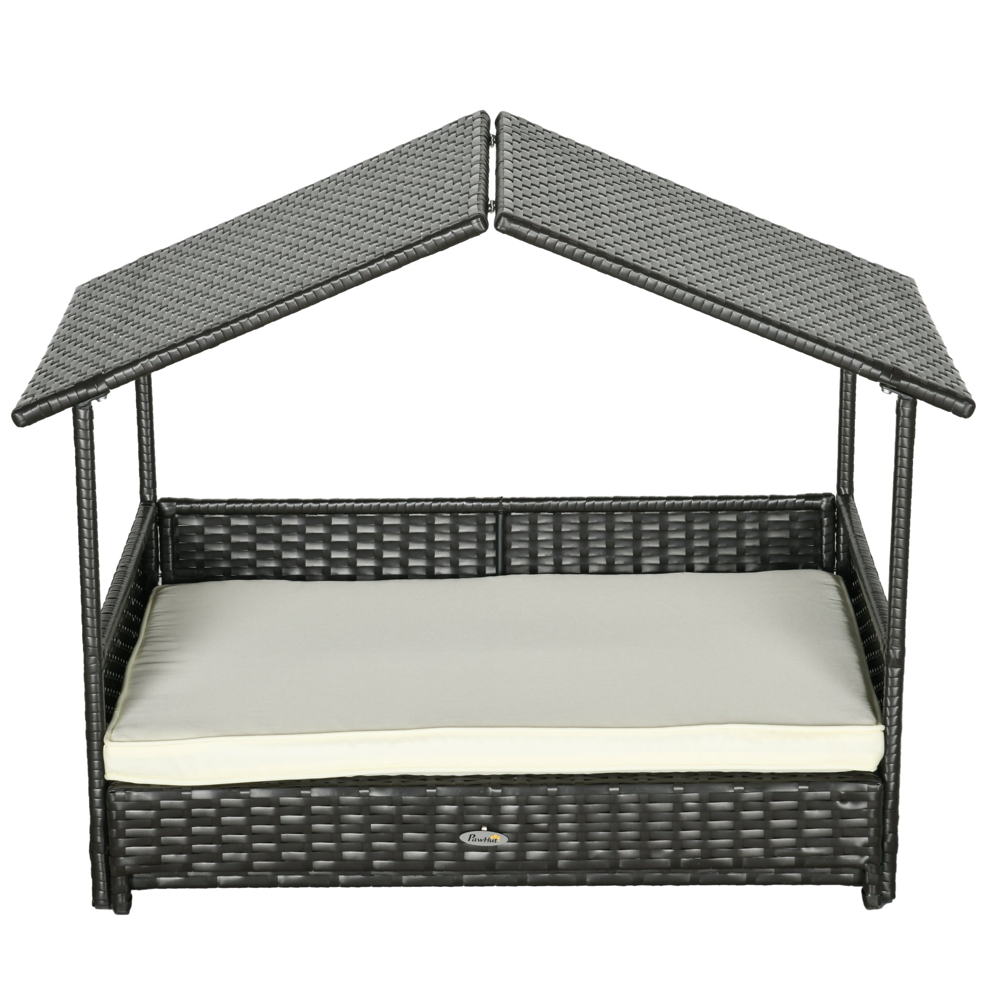 Extendable Elevated Dog Bed, Rattan Dog House, with Water-Resistant Roof, Removable Cushion, for Small, Medium Dogs