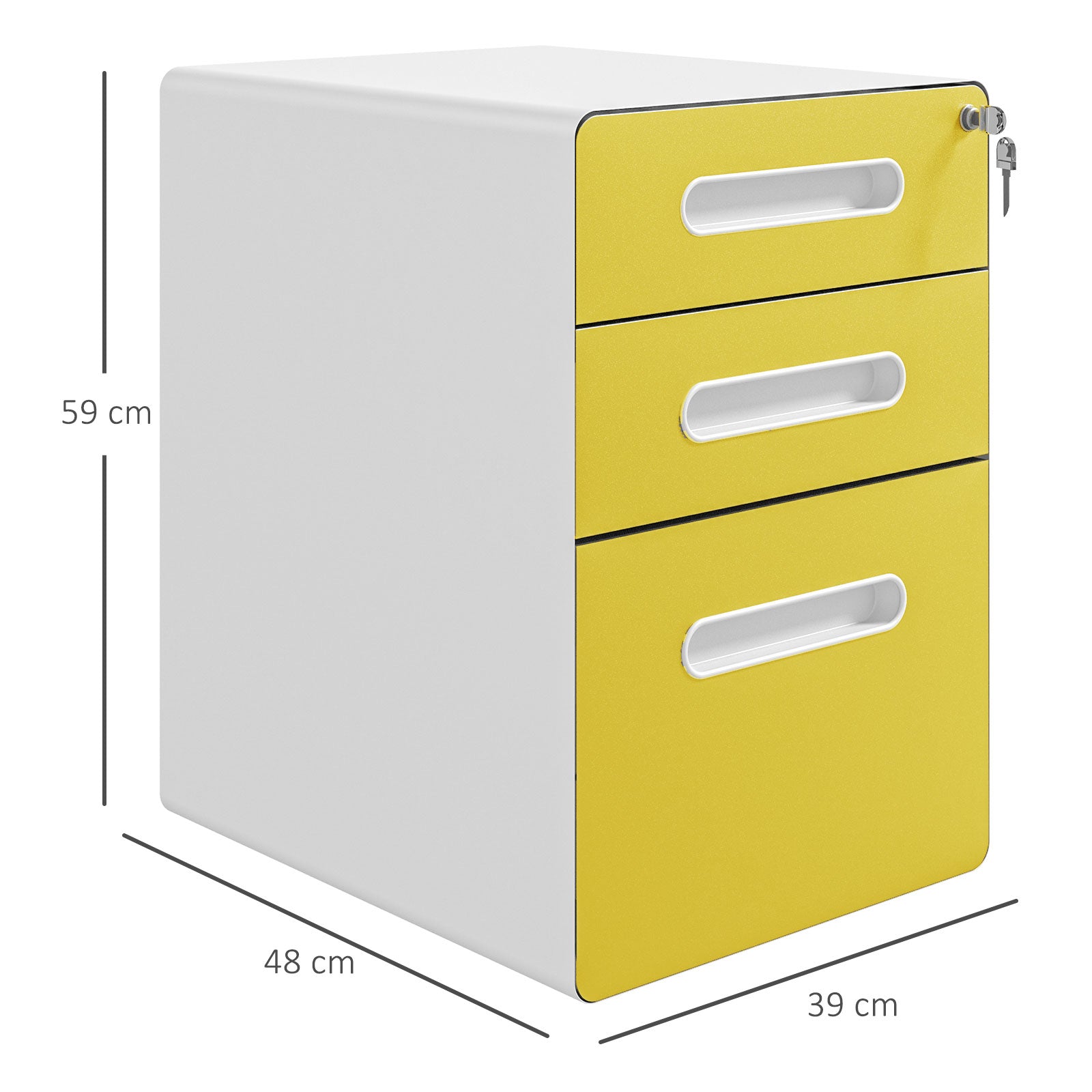 3 Drawer Filing Cabinet, Steel Lockable File Cabinet with Lock and Wheels, for A4, Letter, Legal Sized Files, Yellow