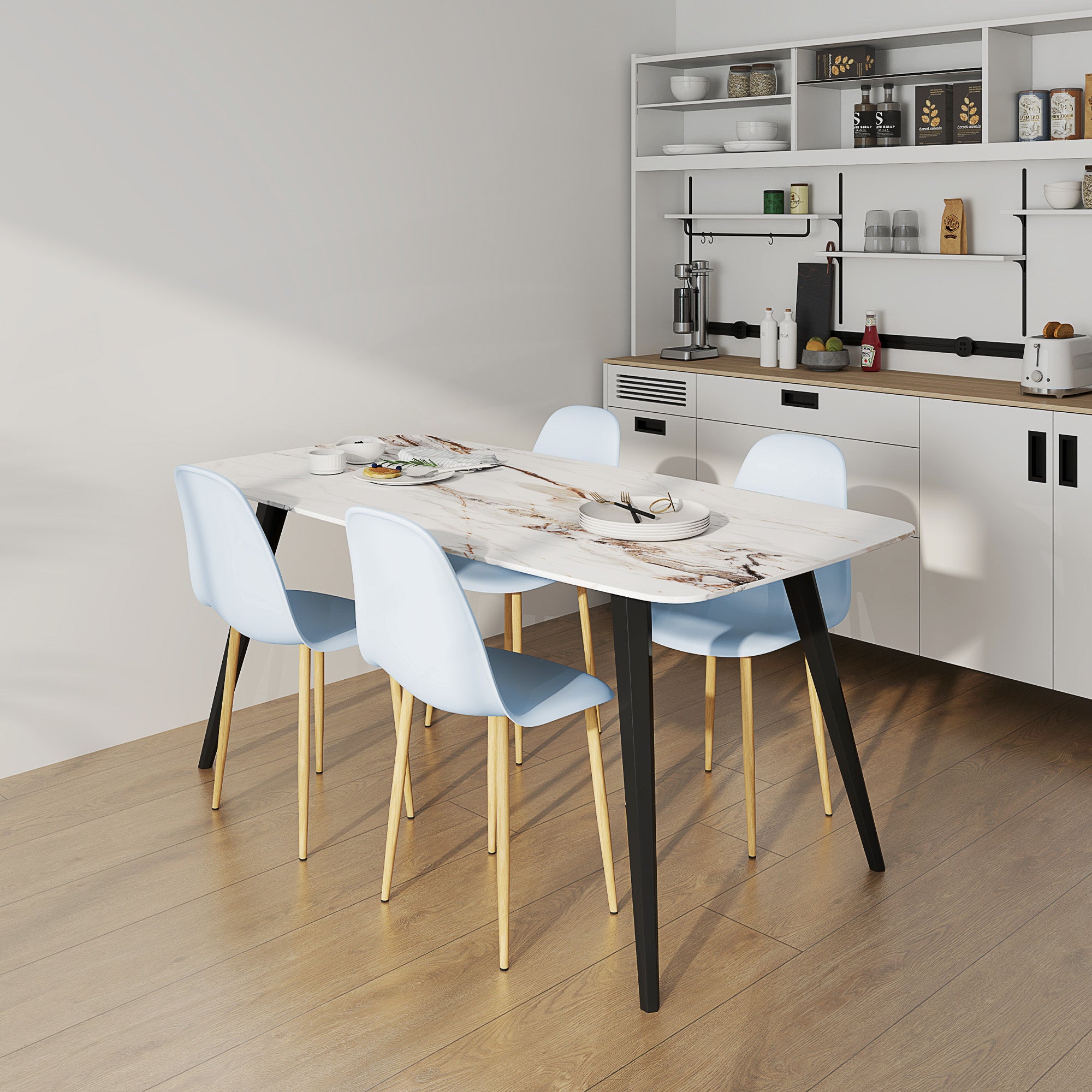 Modern Dining Chairs Set of 4, Kitchen Chairs with Backrest and Steel Legs for Dining Room, Living Room, Light Blue