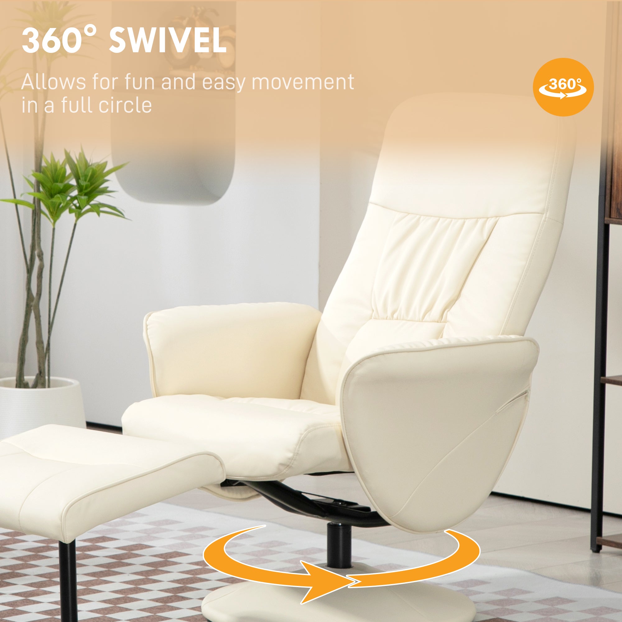 Swivel Recliner Chair with Footstool, PU Leather Armchair and Ottoman with High Back and Round Base for Living Room, Cream White