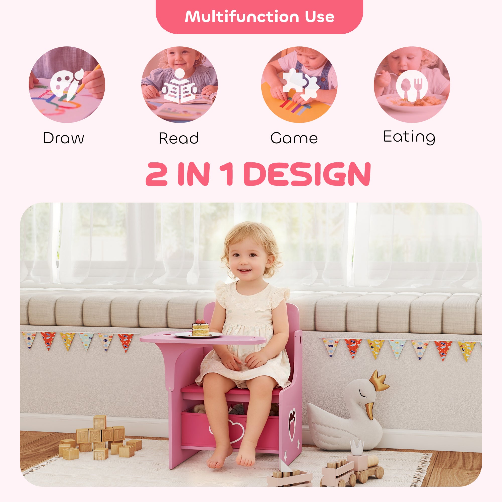 Kids Table and Chair Set, Children Desk and Chair with Storage Bins for Playing, Reading, Painting, for Ages 3-5, Pink