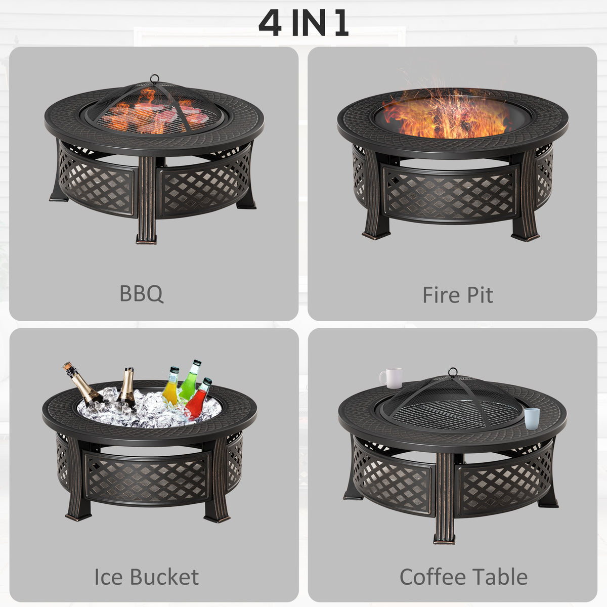 Outdoor Fire Pit, Firepit with Grill Net, Mesh Lid, Poker, for Camping, Bonfire, Picnic, Bronze Tone