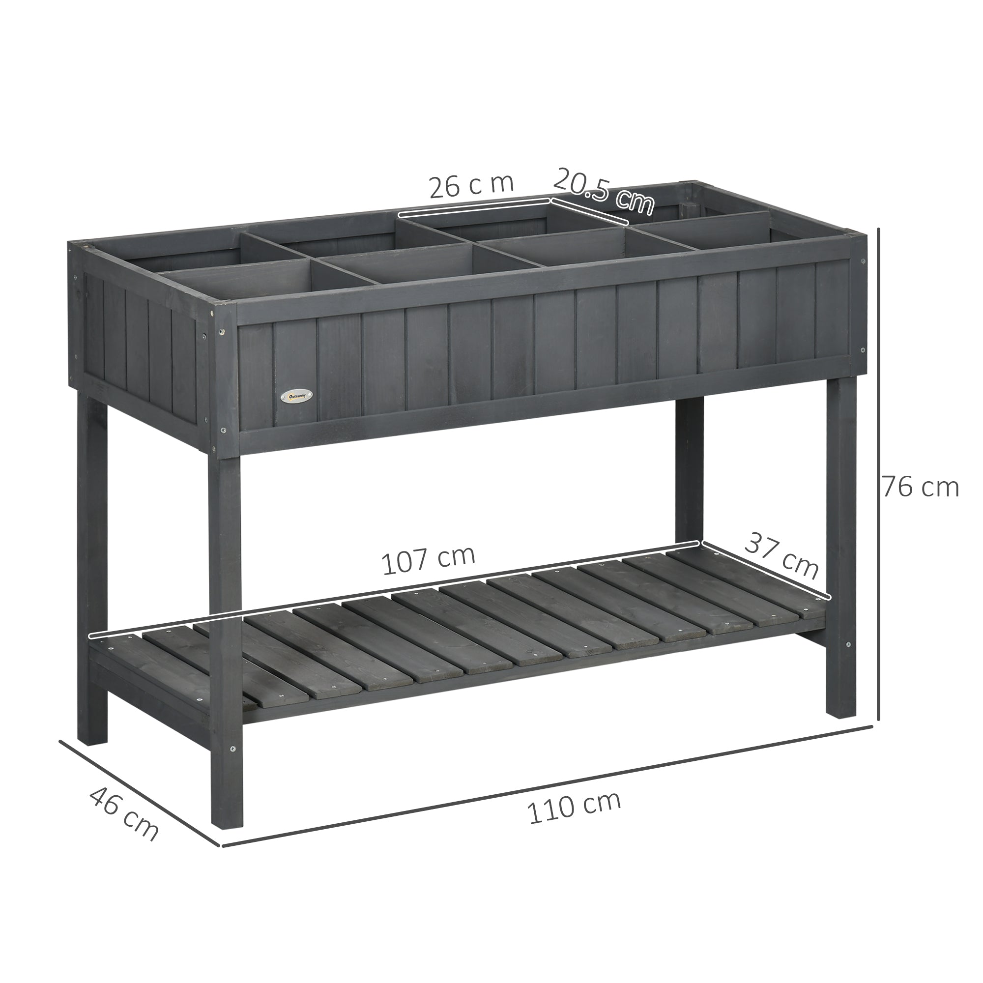 Fir Wood Raised Rectangular 8 Compartment Plant Stand Dark Grey