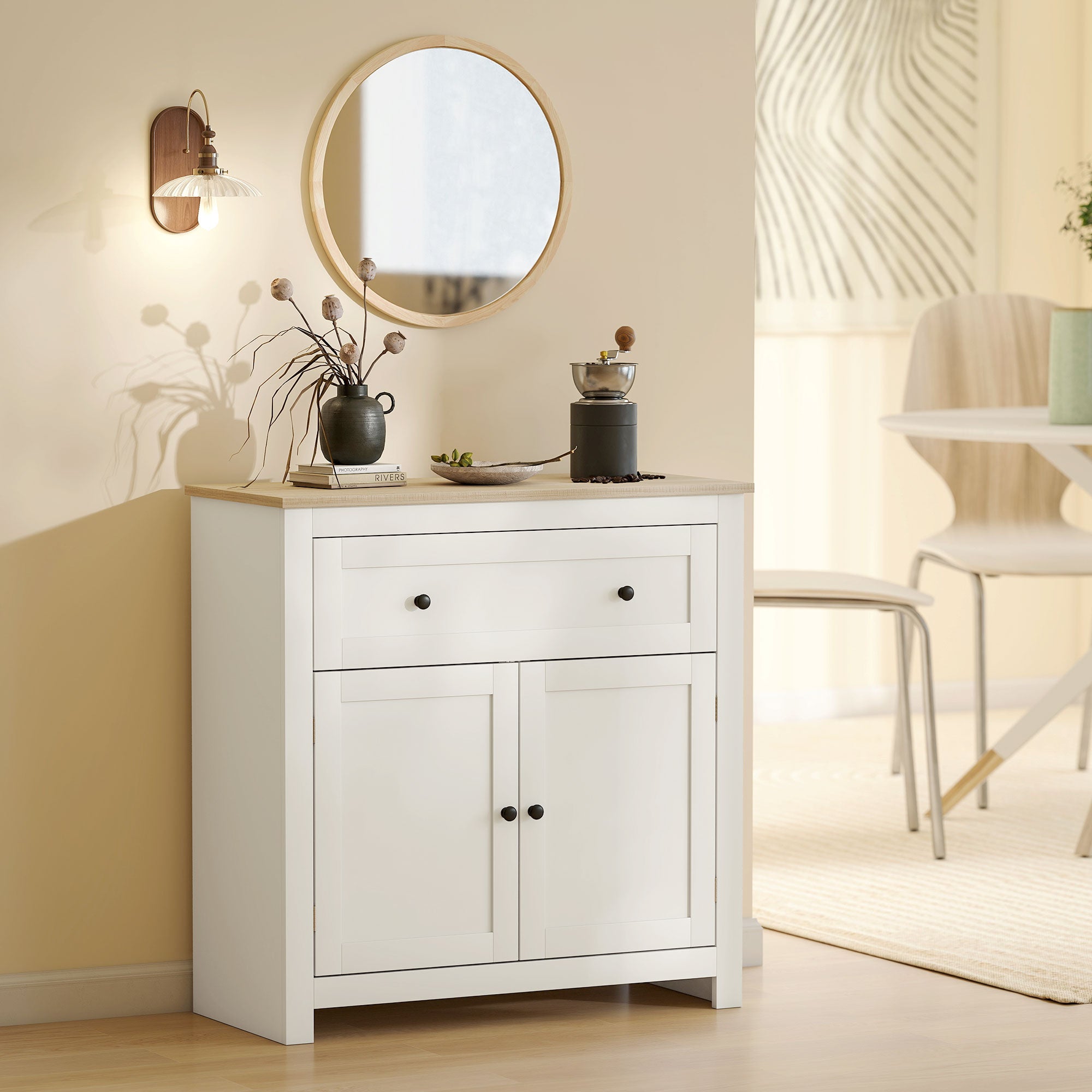 Sideboard Storage Cabinet, Modern Kitchen Cupboard with Adjustable Shelf, Drawer and Double Doors, Cream White