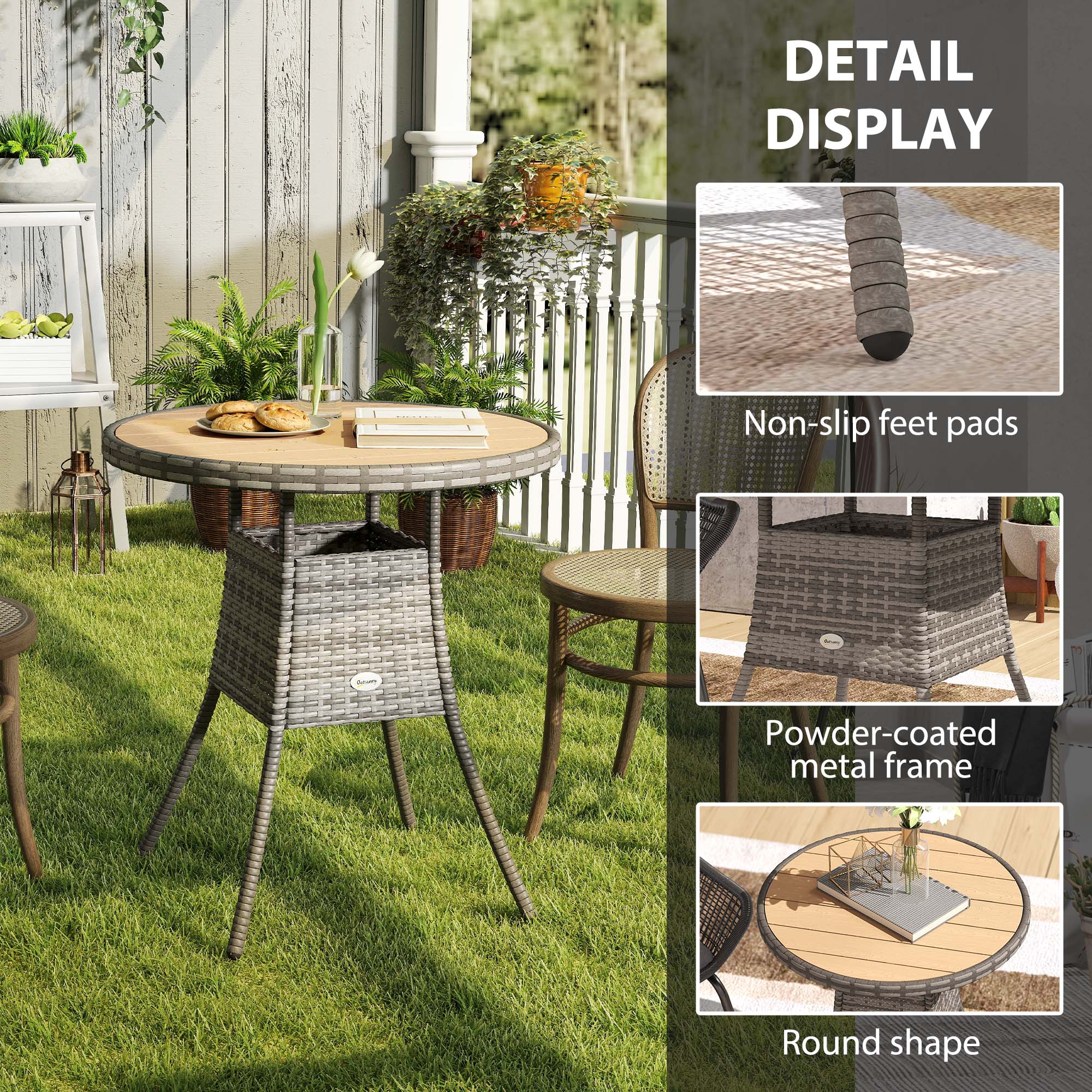 70 cm Wood-Effect Rattan Garden Table - Natural Wood Finish