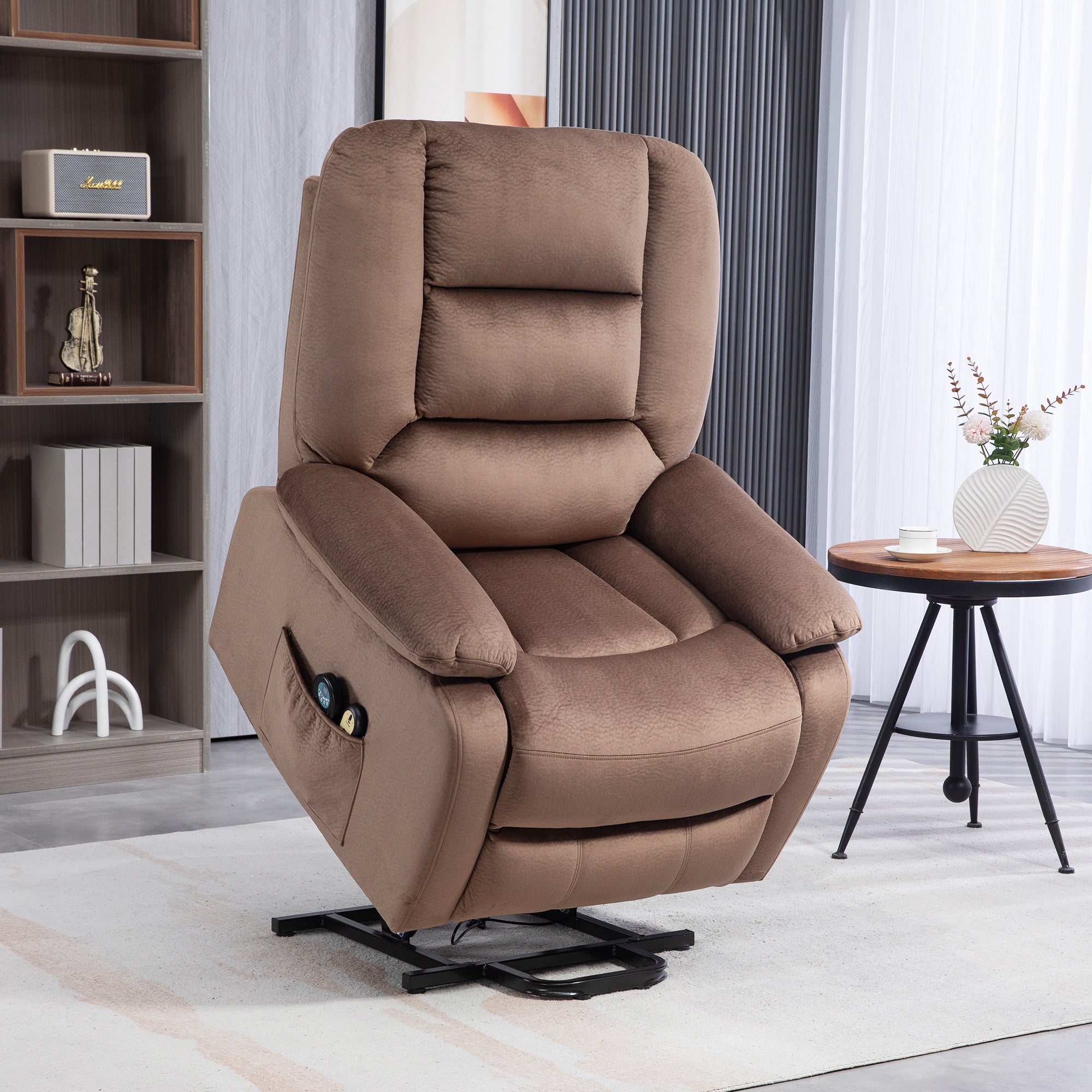 Velvet-Feel Electric Lift-and-Recline Massage Armchair, with Remote - Brown