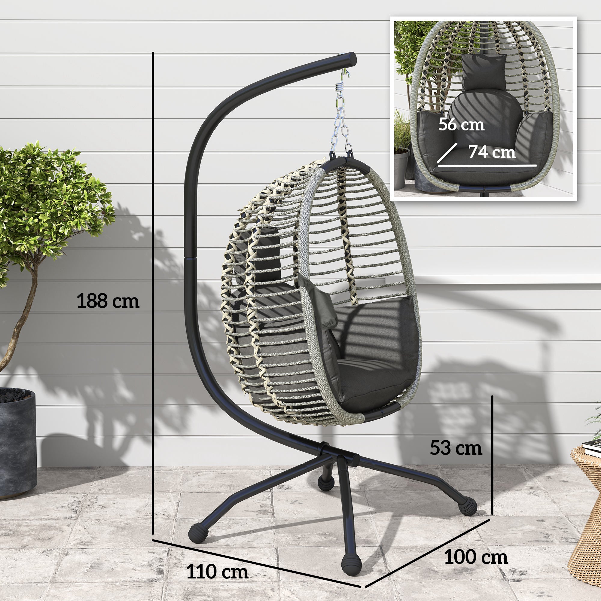 1 Piece Outdoor Hanging Egg Chair with Padded Cushion and Metal Stand Dark Grey