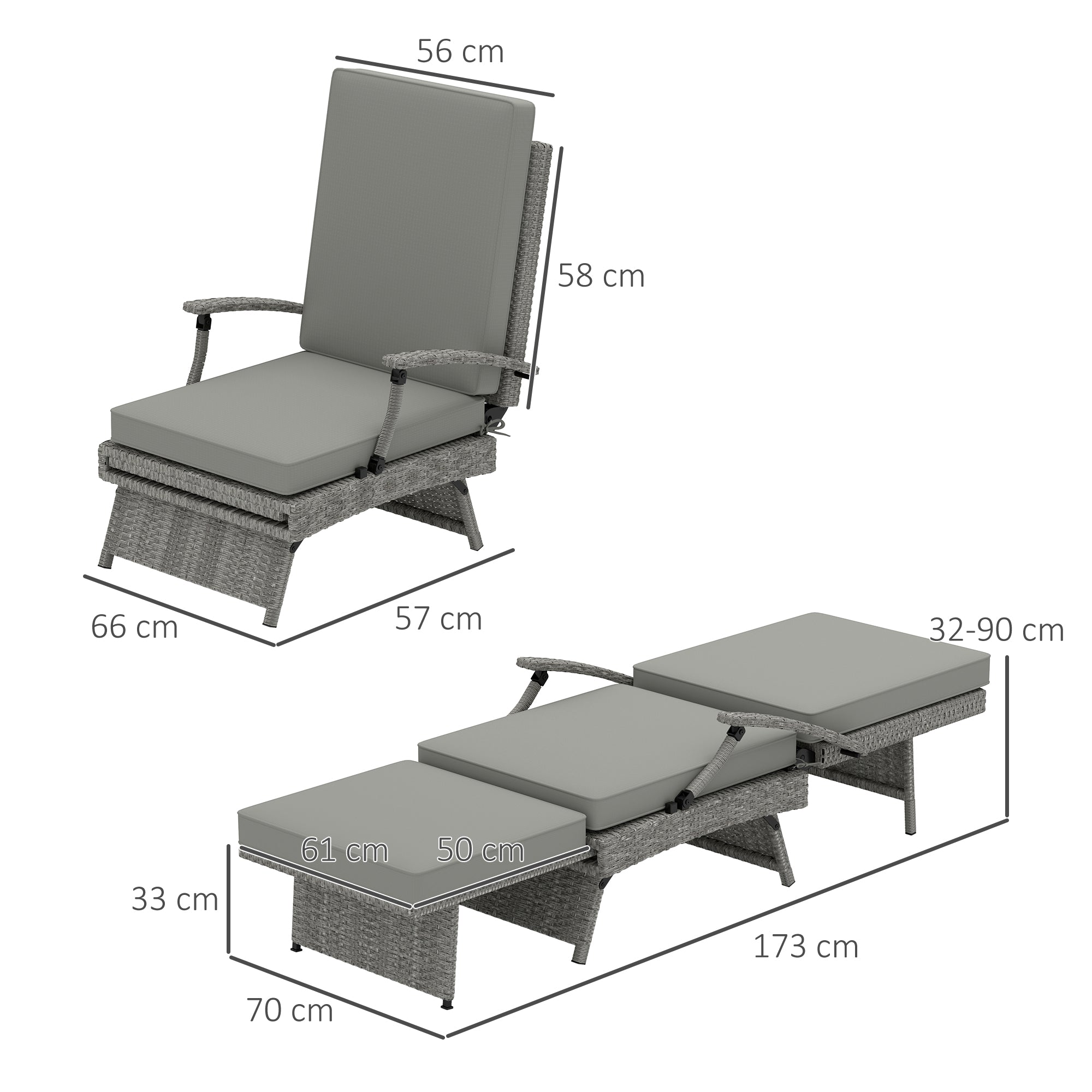 80° Reclining Rattan Lounger - Grey