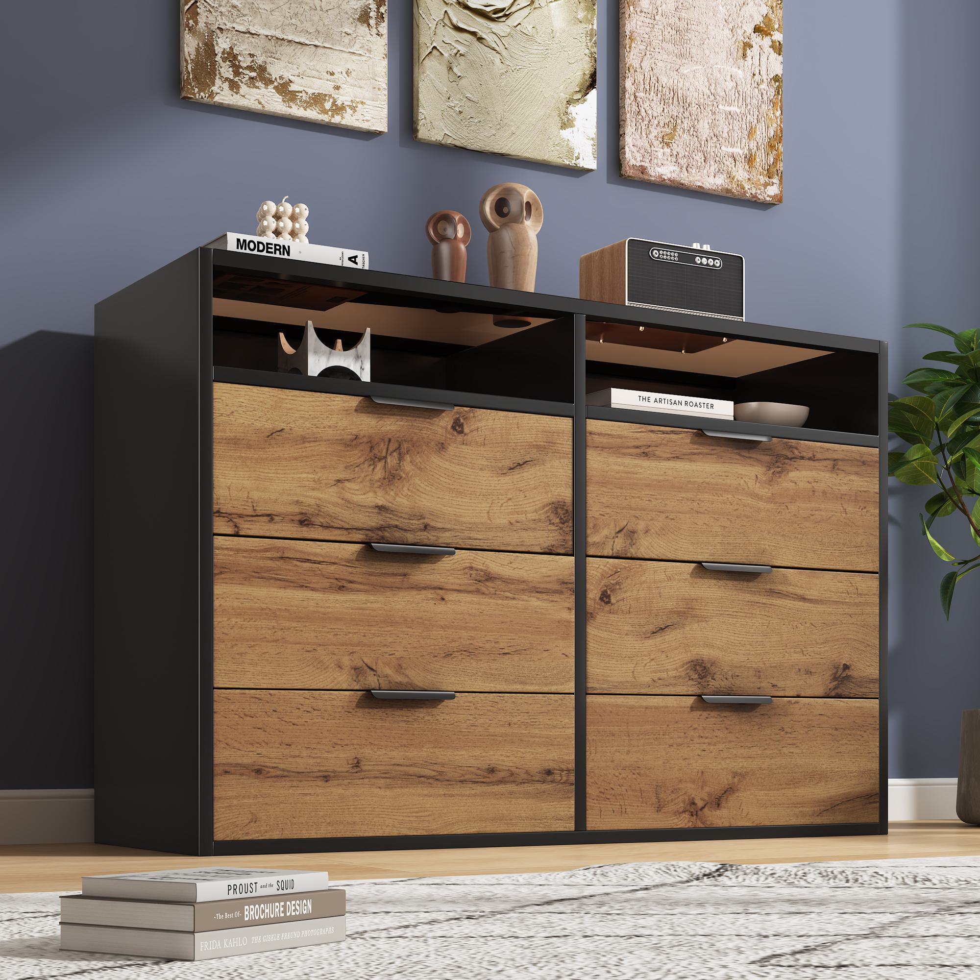 Sideboard Cabinet Dresser with 6 Drawers and 2 Open Shelves, Anti-tip, Dressing Storage Cabinet for Living Room, 120L x 40W x 80H cm, Oak