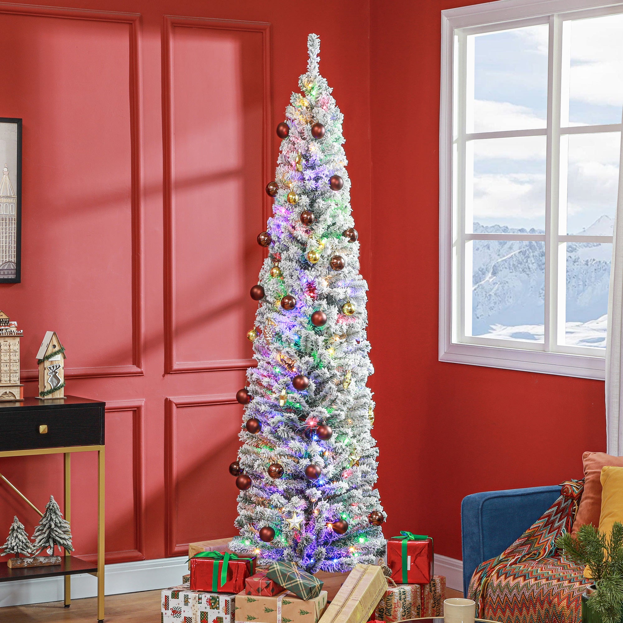 7' Artificial Prelit Christmas Trees Holiday Décor with Colourful LED Lights, Flocked Tips, Berry, Pine Cone