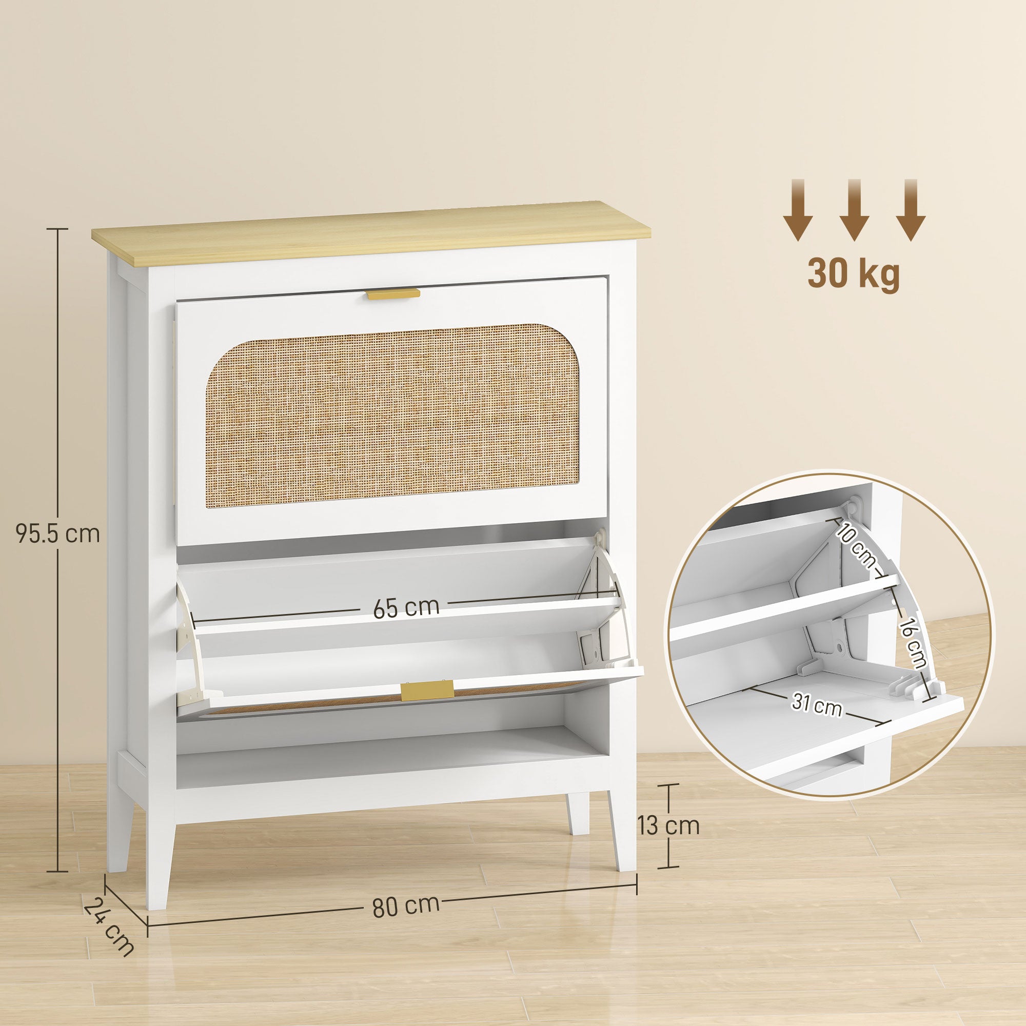 Narrow Shoe Cabinet, Boho Slim Shoe Storage Cabinet with 2 Flip Drawers, Holds 14 Pairs, White