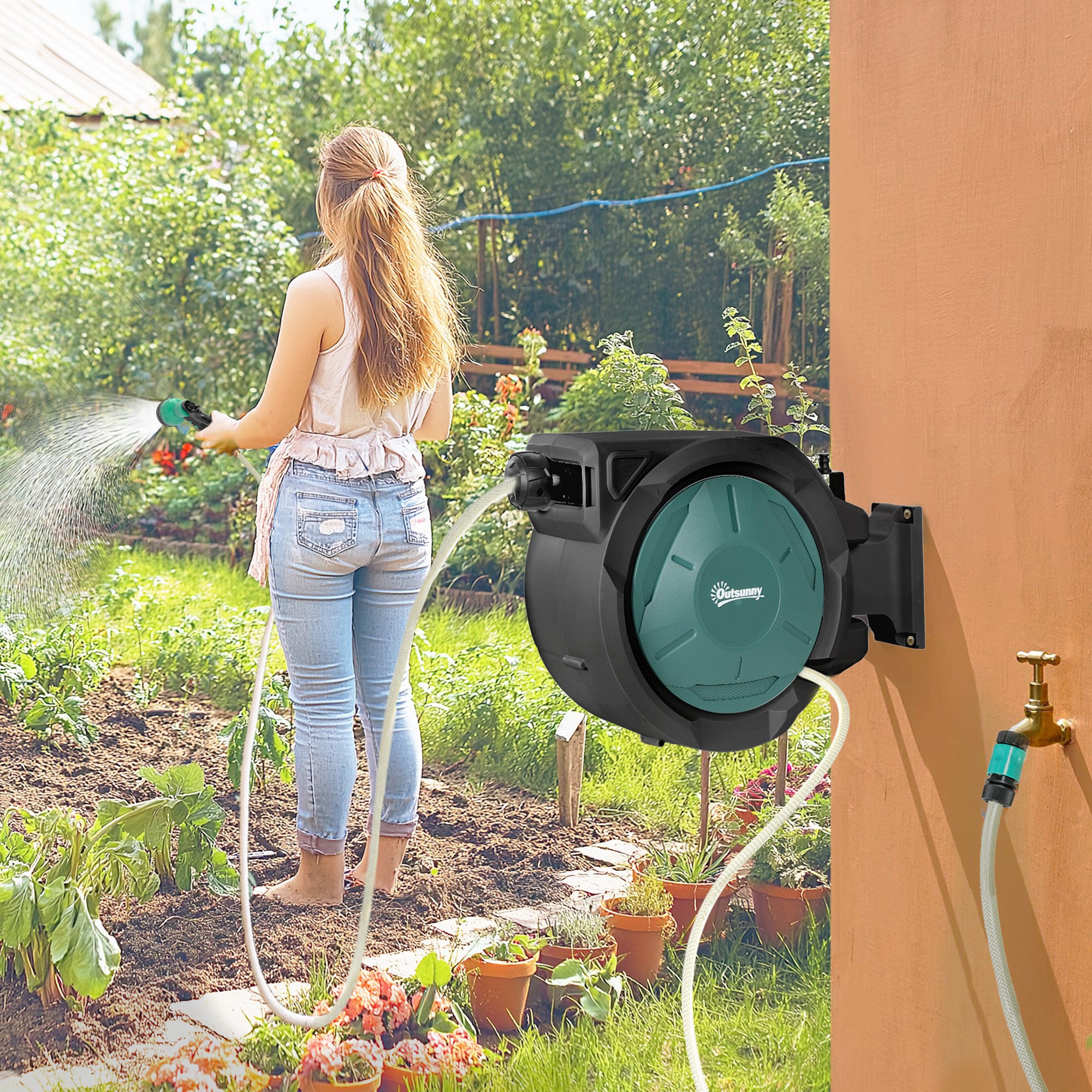 Retractable Hose Reel Wall Mounted, 20+2m Garden Hose Pipe Reel with Lock, Auto Rewind, 7 in 1 Spray Nozzle, Includes Wall Fixings, 180° Swivel, Outdoor Watering, 54 x 20 x 39 cm, Black