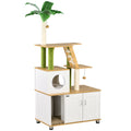 2-in-1 Hidden Cat Litter Box and Green Leaf Cat Tree with House, Ladder, Scratching Posts, Platforms - Oak