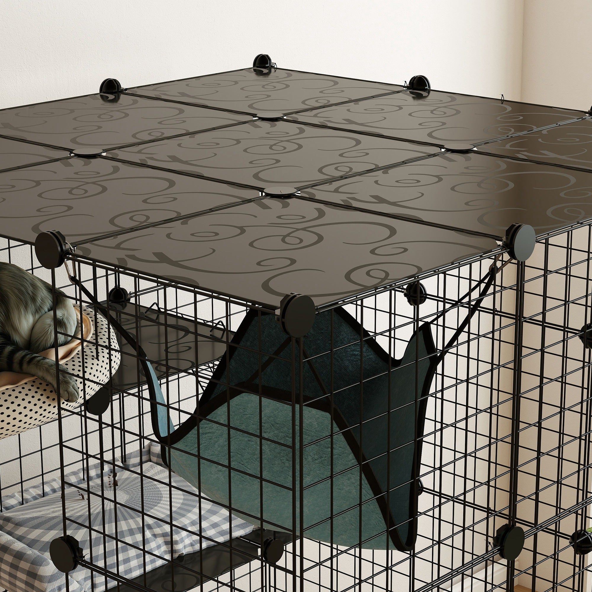 Steel Wire Cat Cage Indoor with Hammock, Ramps, Doors, DIY Cat Enclosure for 1-3 Cats, Black