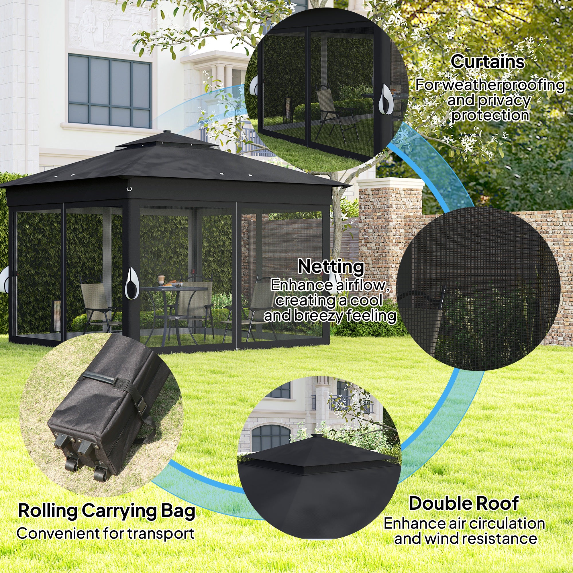 3 x 3 Metre Pop Up Gazebo with Solar LED Lights and Netting - Black
