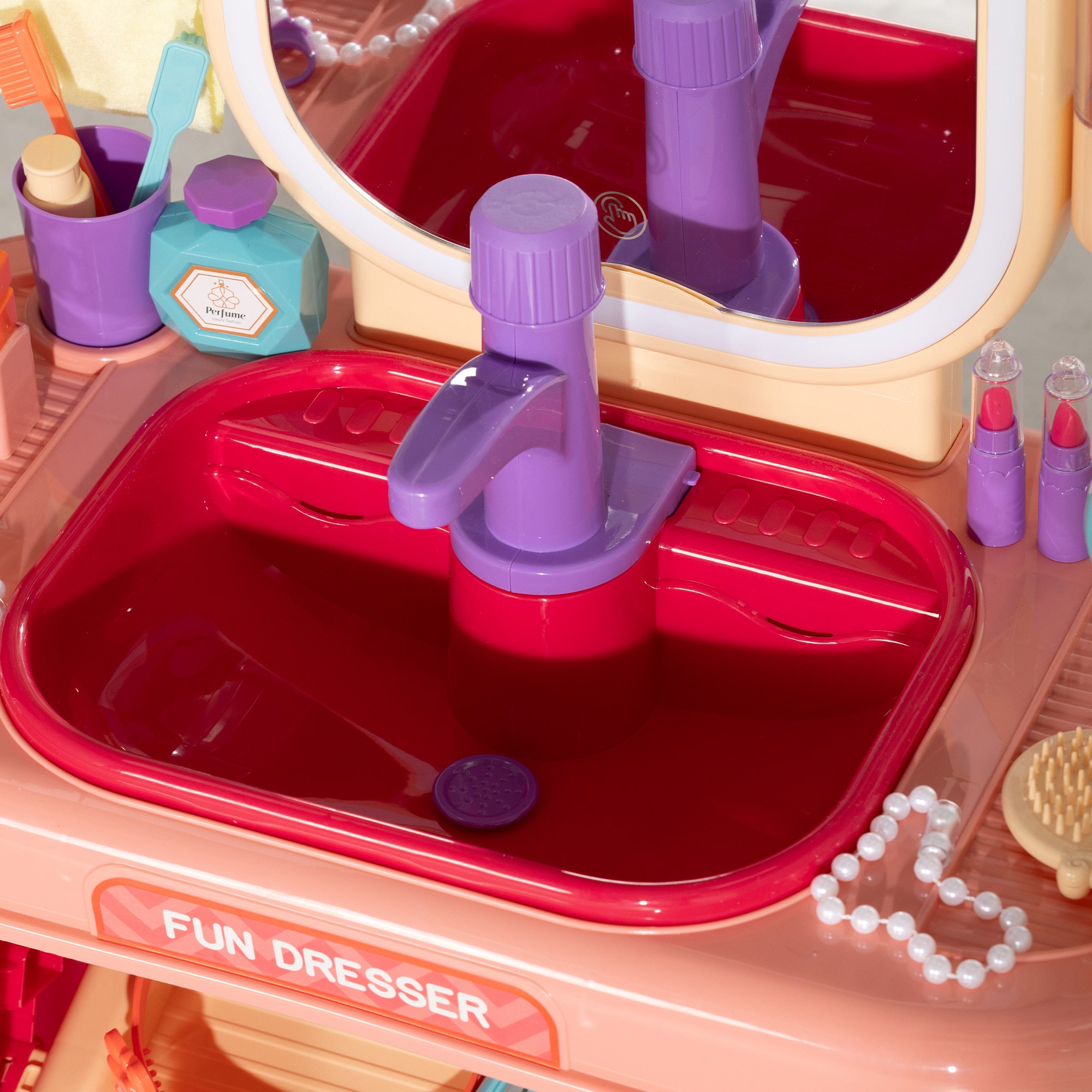 Kids Dressing Table with Mirror, LED Light, 23 Accessories, Pink