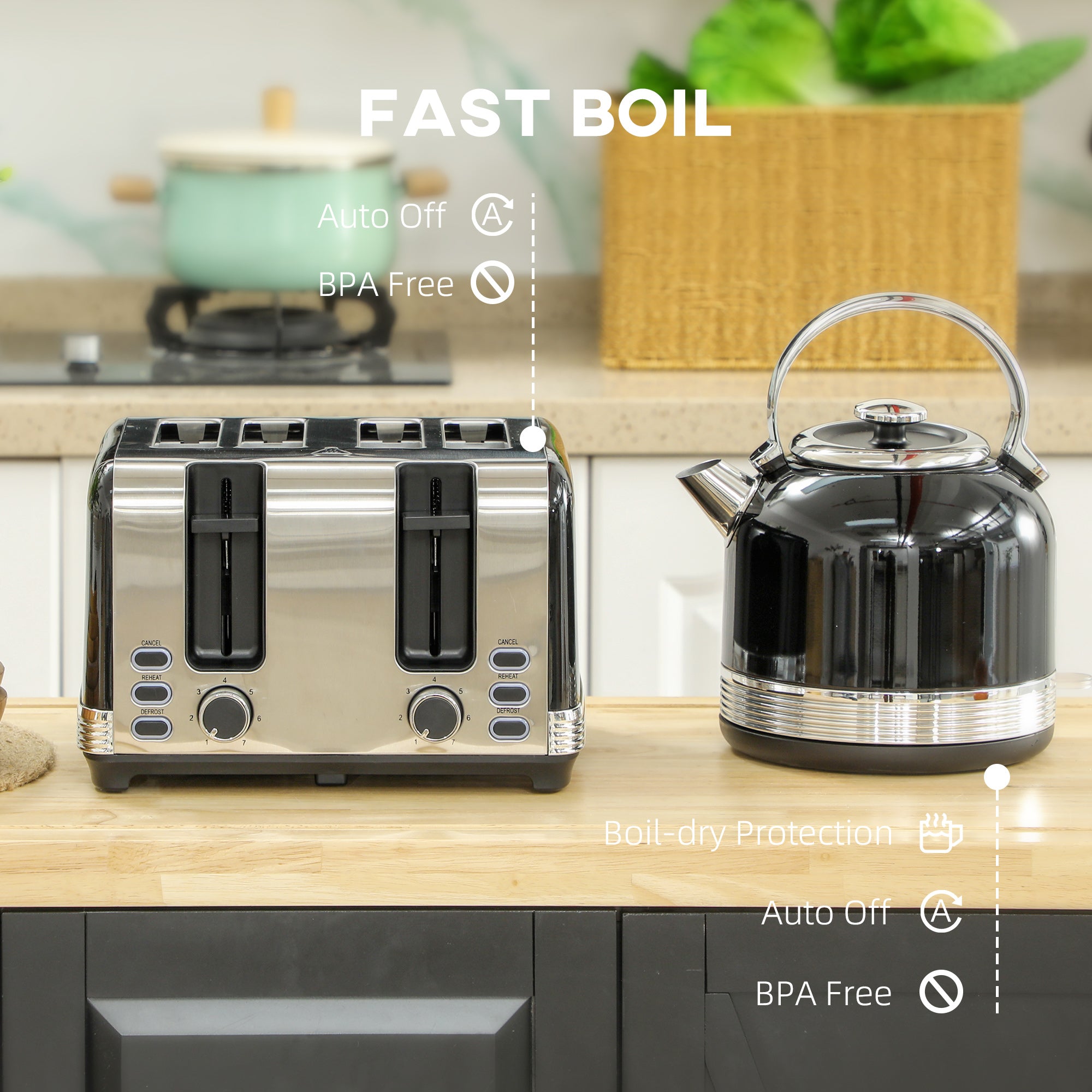 Polished Metal Kettle and Toaster Set - Black