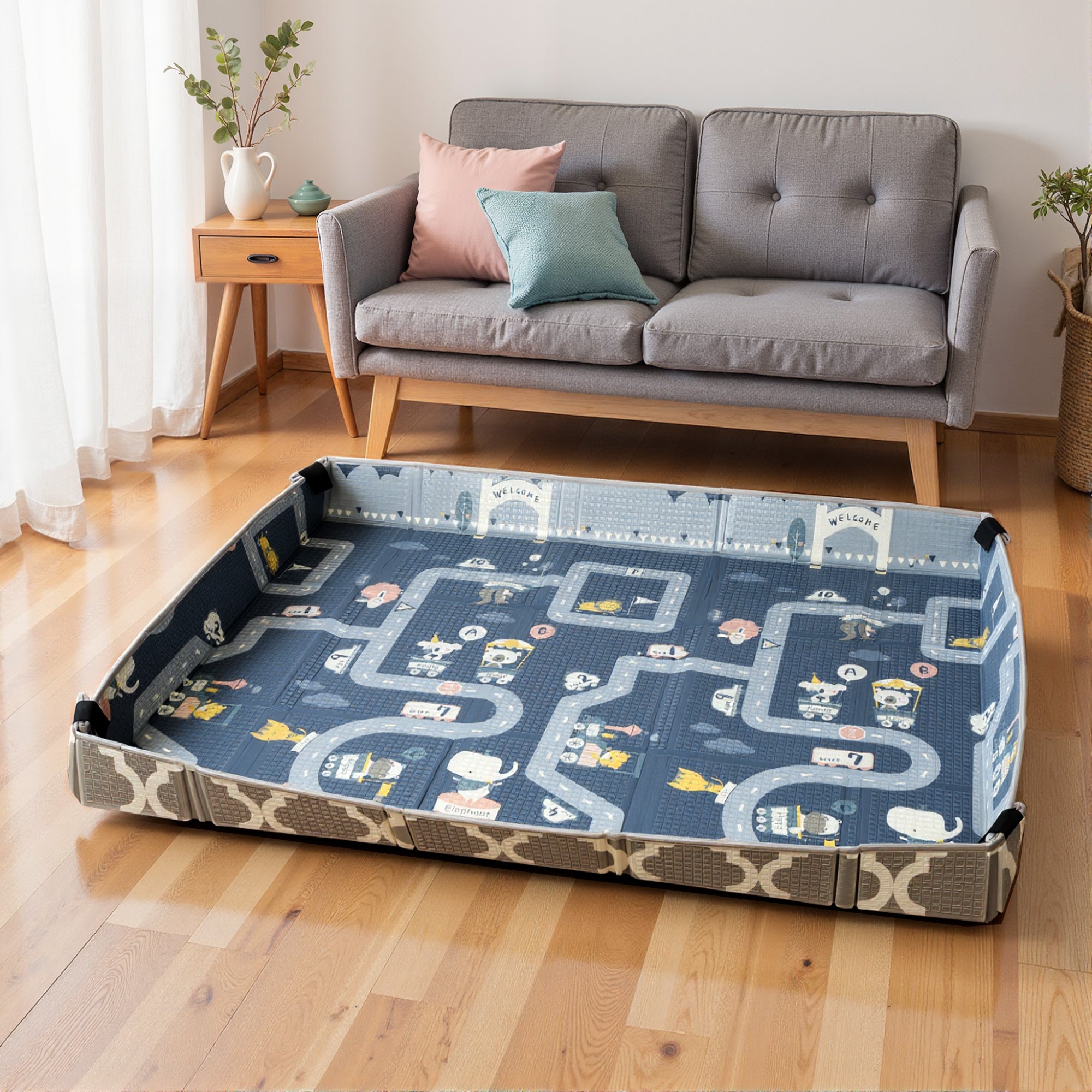 Foldable Baby Play Mat, Baby Playpen, Reversible Foam Playmat, Floor Mats for Toddlers, Traffic and Grey Diamond Theme
