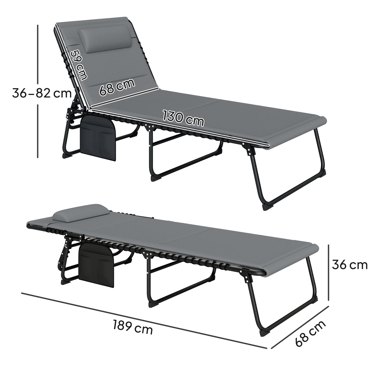 Set of 2 Folding Recliner Sun Loungers with Quick-Dry Pad & Side Pocket - Charcoal Grey