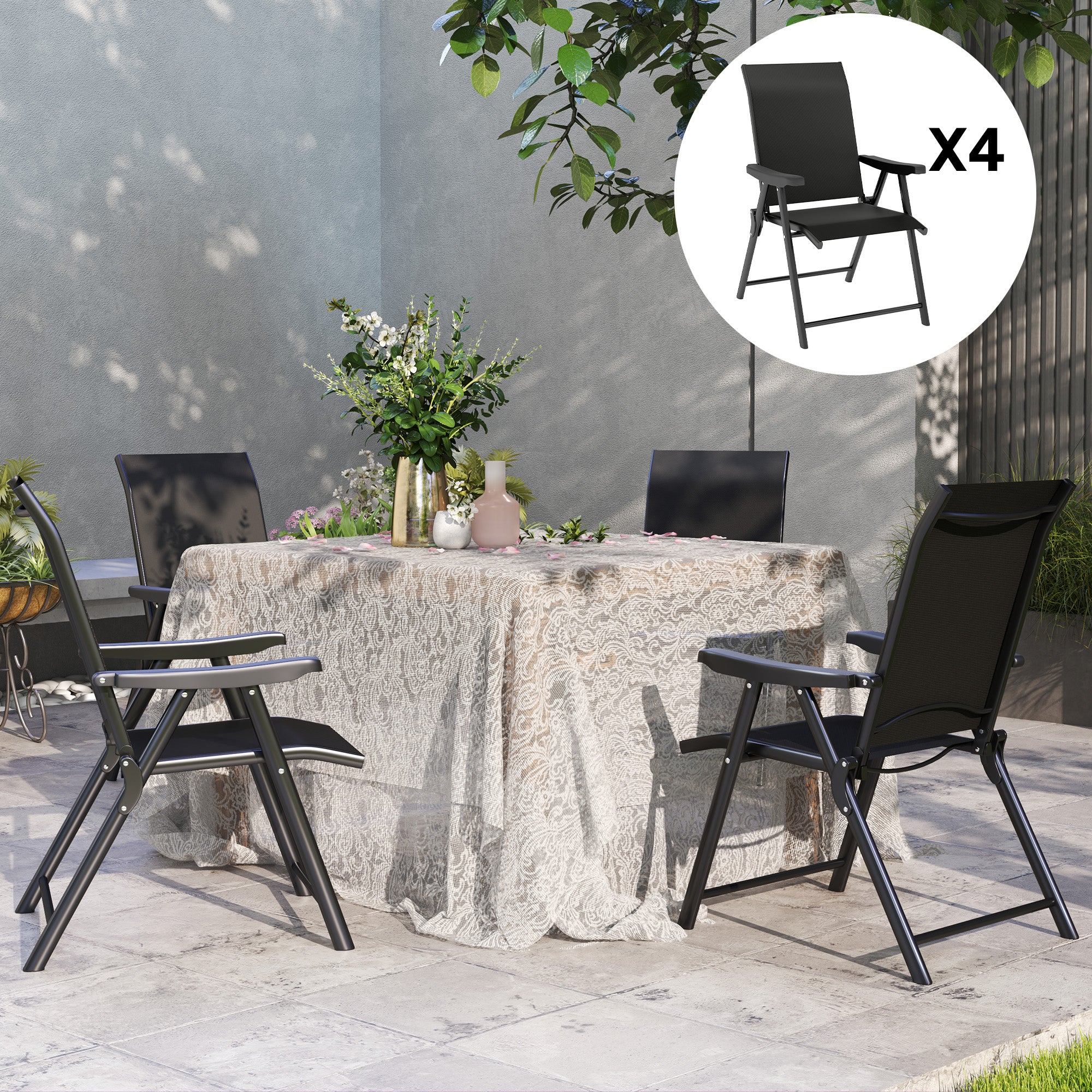 Set of Four Folding Outdoor Chairs with Breathable Mesh - Black