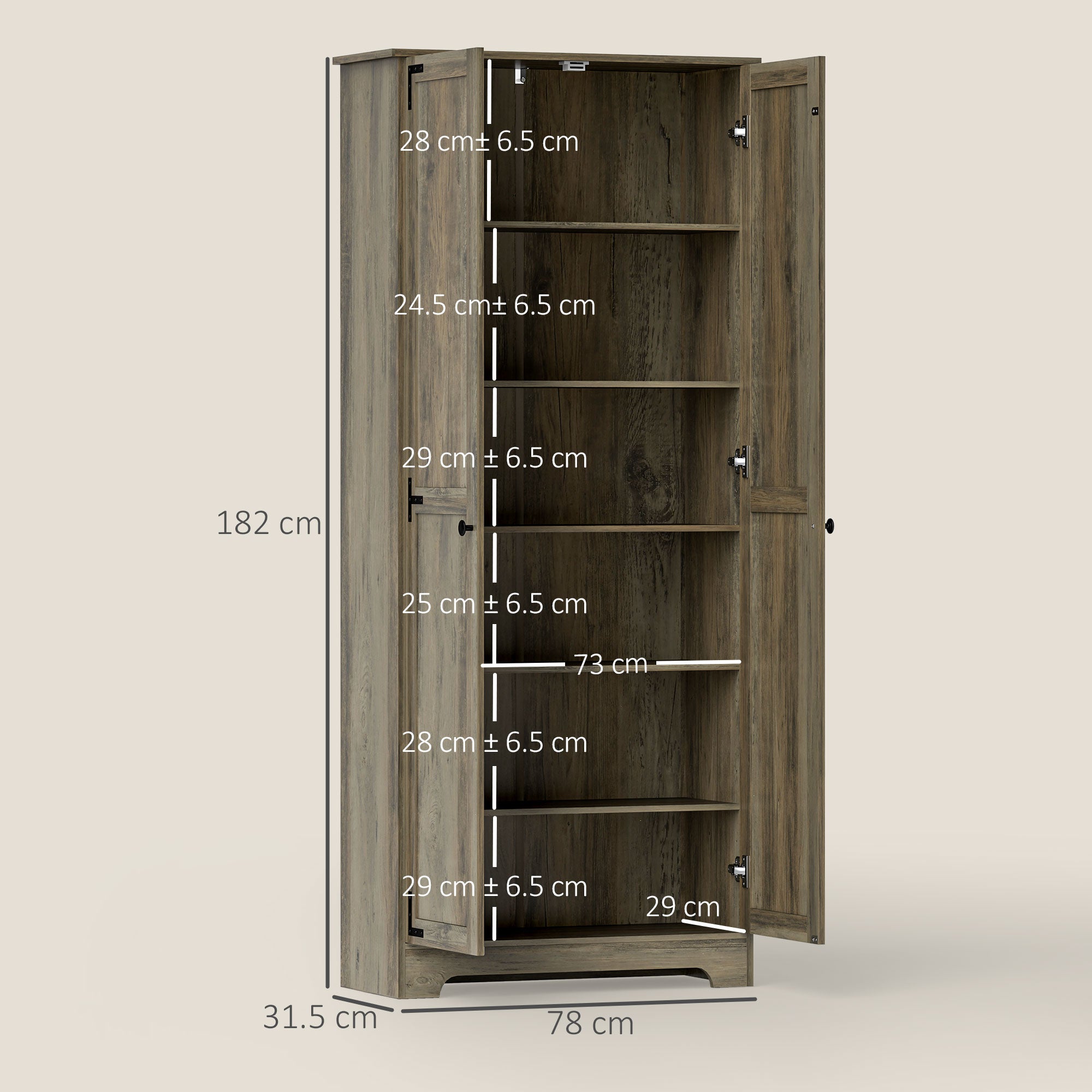 Farmhouse Kitchen Cupboard, Freestanding Kitchen Storage Cabinet with Adjustable Shelves, Tall Storage Cabinet with Recessed Doors, Grey Wood-Effect