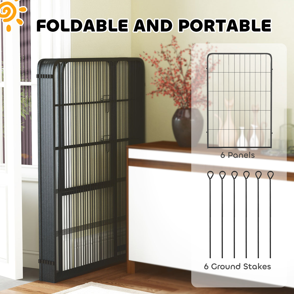 Heavy Duty 6-Panel Dog Playpen with Secure Door 100cm High for Indoor Outdoor - Black