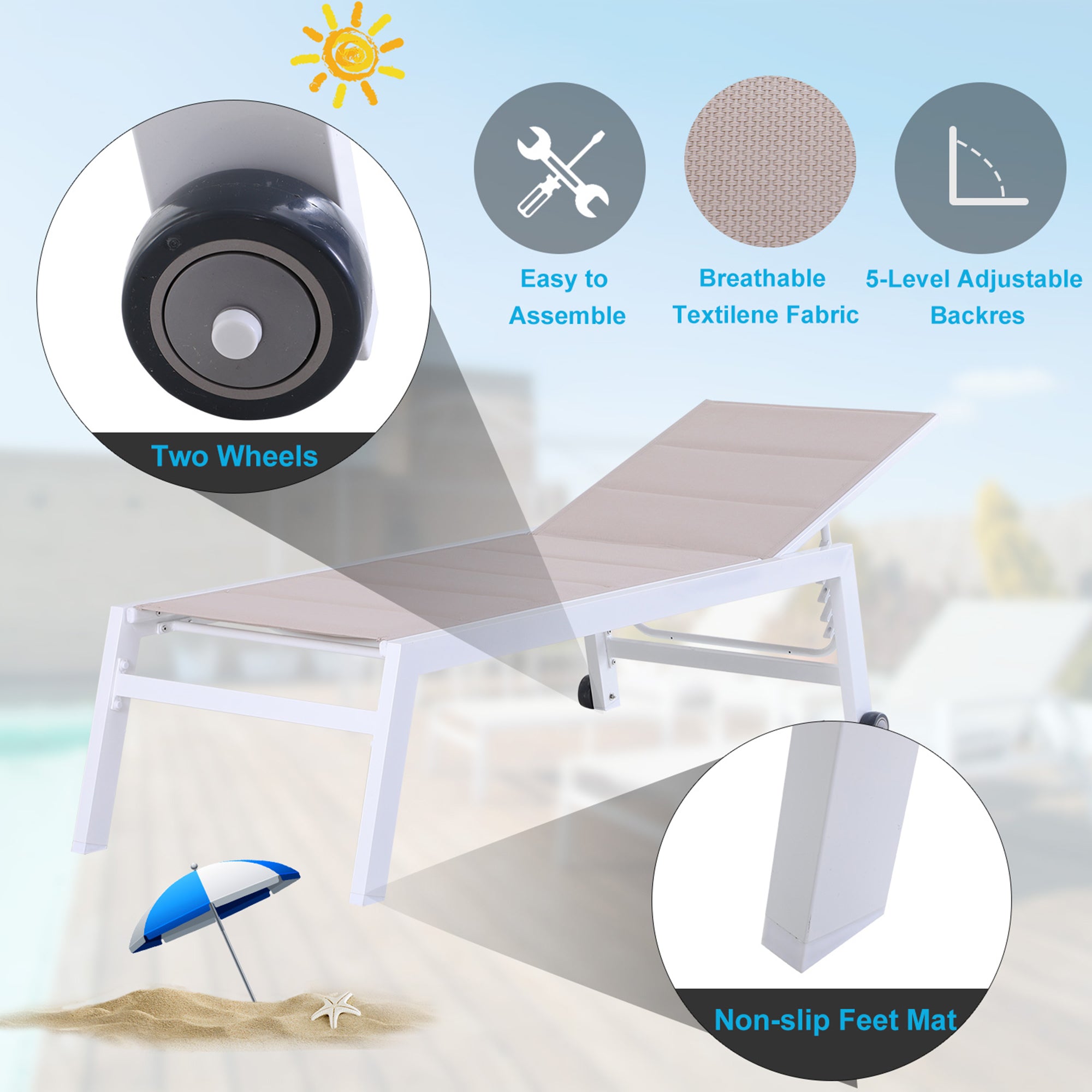 Aluminium Frame Outdoor Garden Sun Lounger w/ Wheels White/Beige