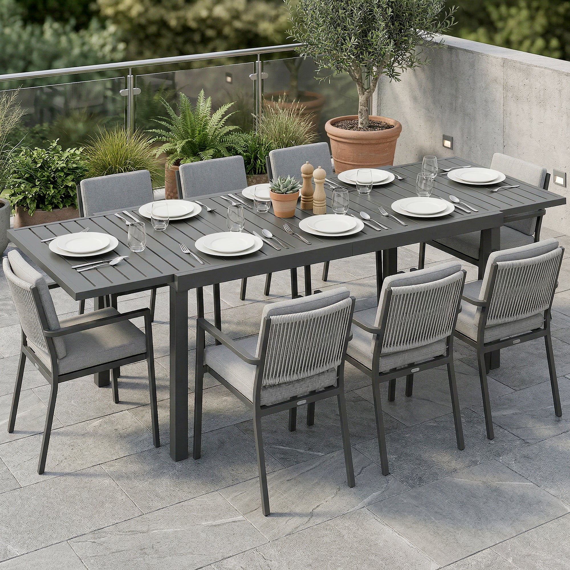 Extending Garden Table for 6-8 People, Full Aluminium Outdoor Dining Table with Slatted Top, Dark Grey