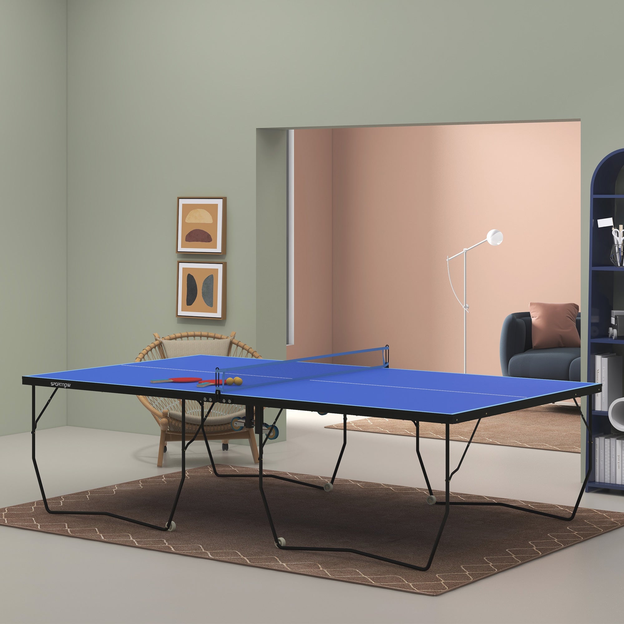 9FT Folding Table Tennis Table, with 8 Wheels, for Indoor Use - Blue